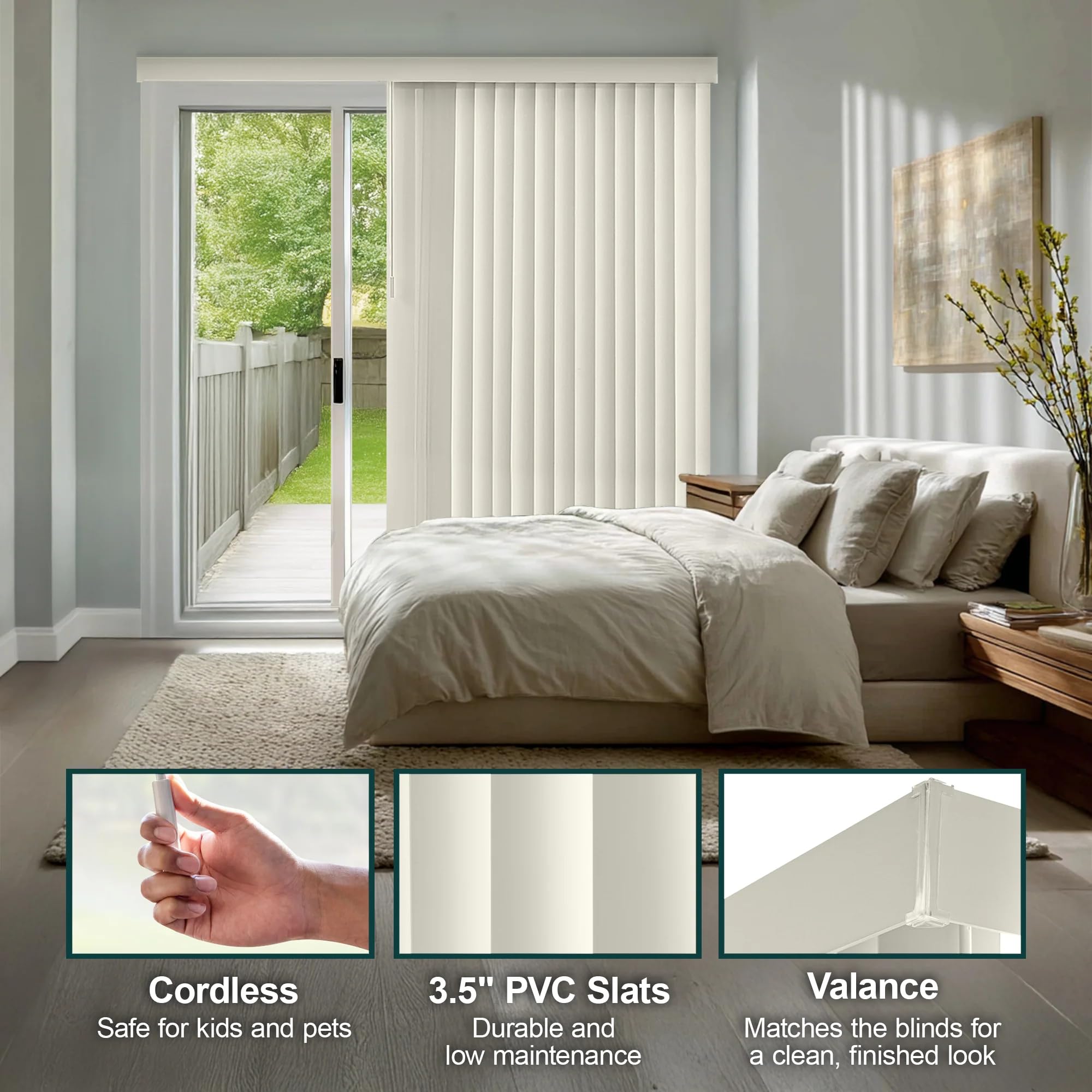 CHICOLOGY vertical blinds louvers close-up; durable PVC construction.