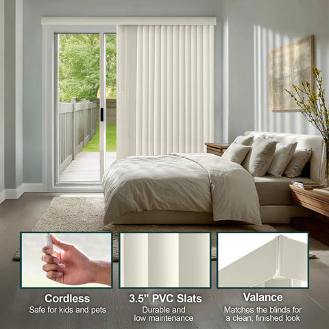 CHICOLOGY vertical blinds louvers close-up; durable PVC construction.