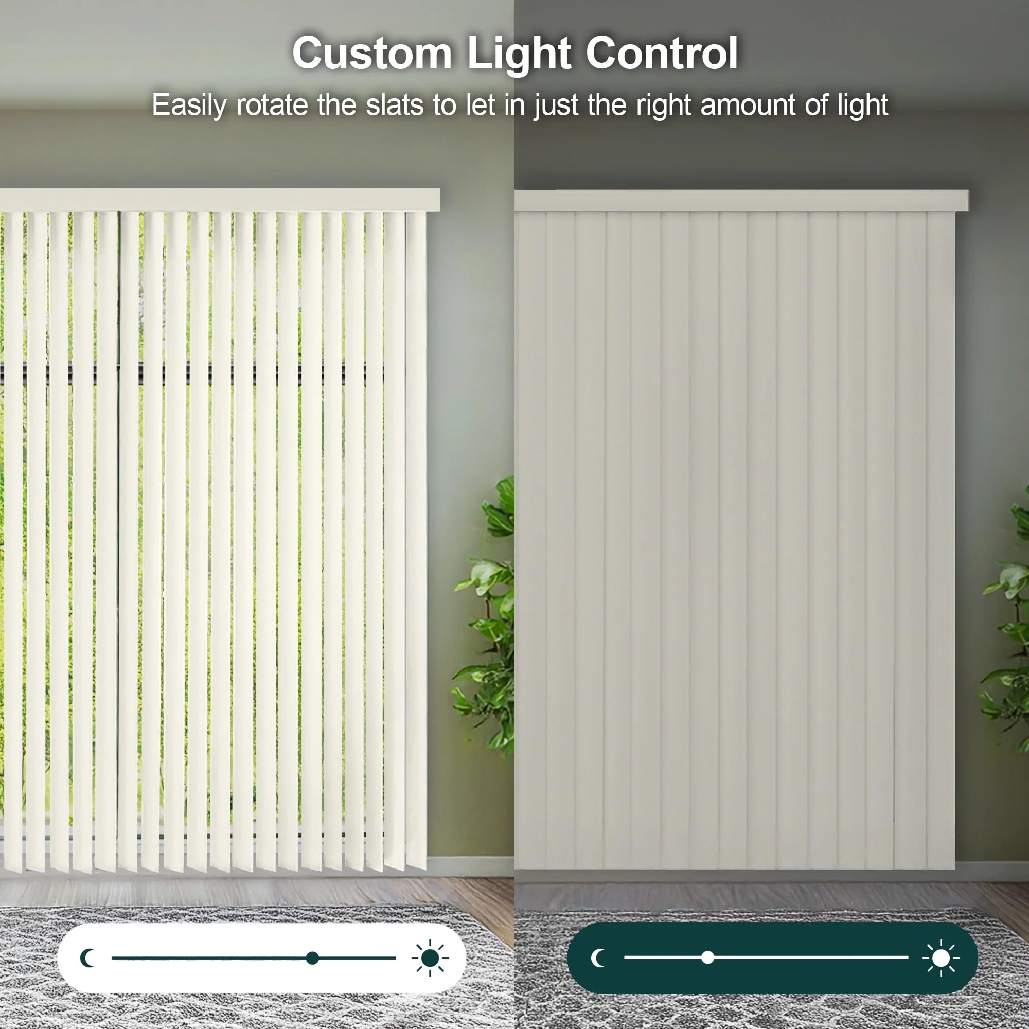 CHICOLOGY vertical blinds reversible-stack close-up to left or right.