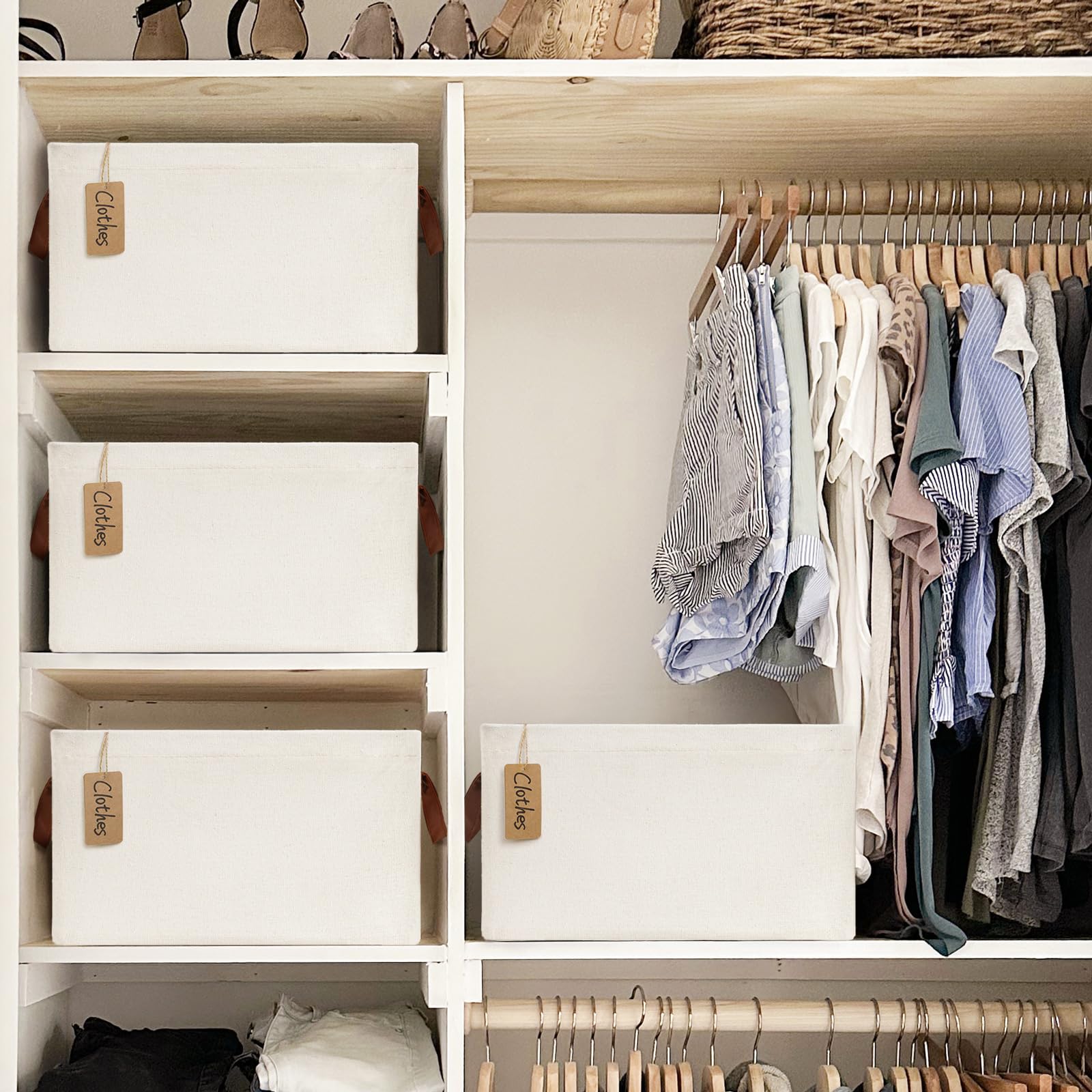 CHICVITA closet storage bin beige handle closeup shows leather accents and easy access