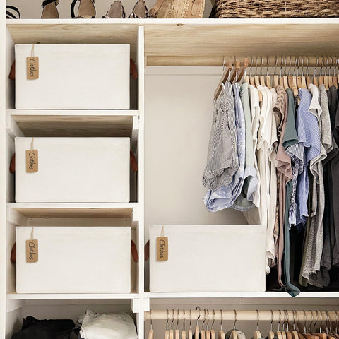CHICVITA closet storage bin beige handle closeup shows leather accents and easy access