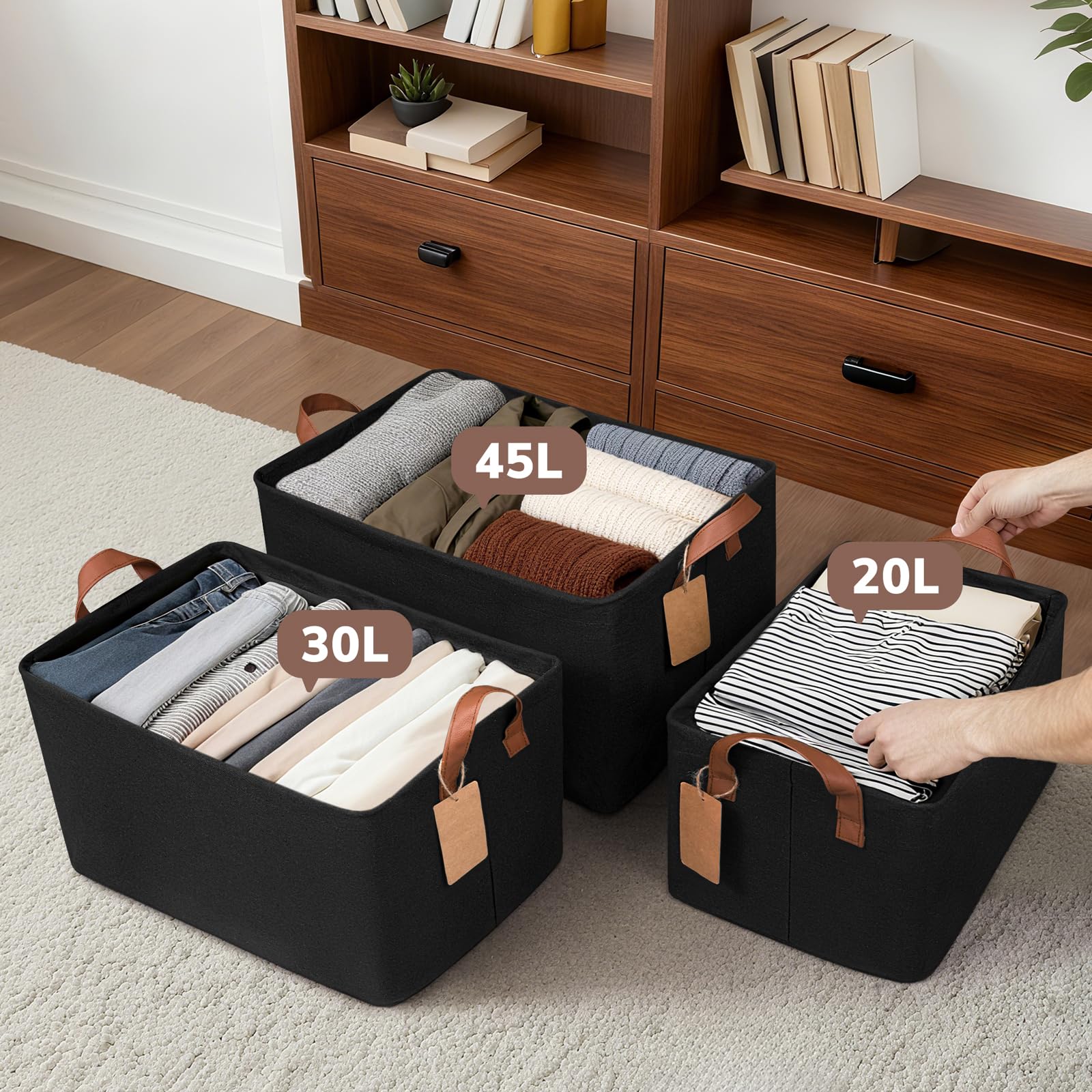 Foldable CHICVITA storage bins collapse to save space when not in use.