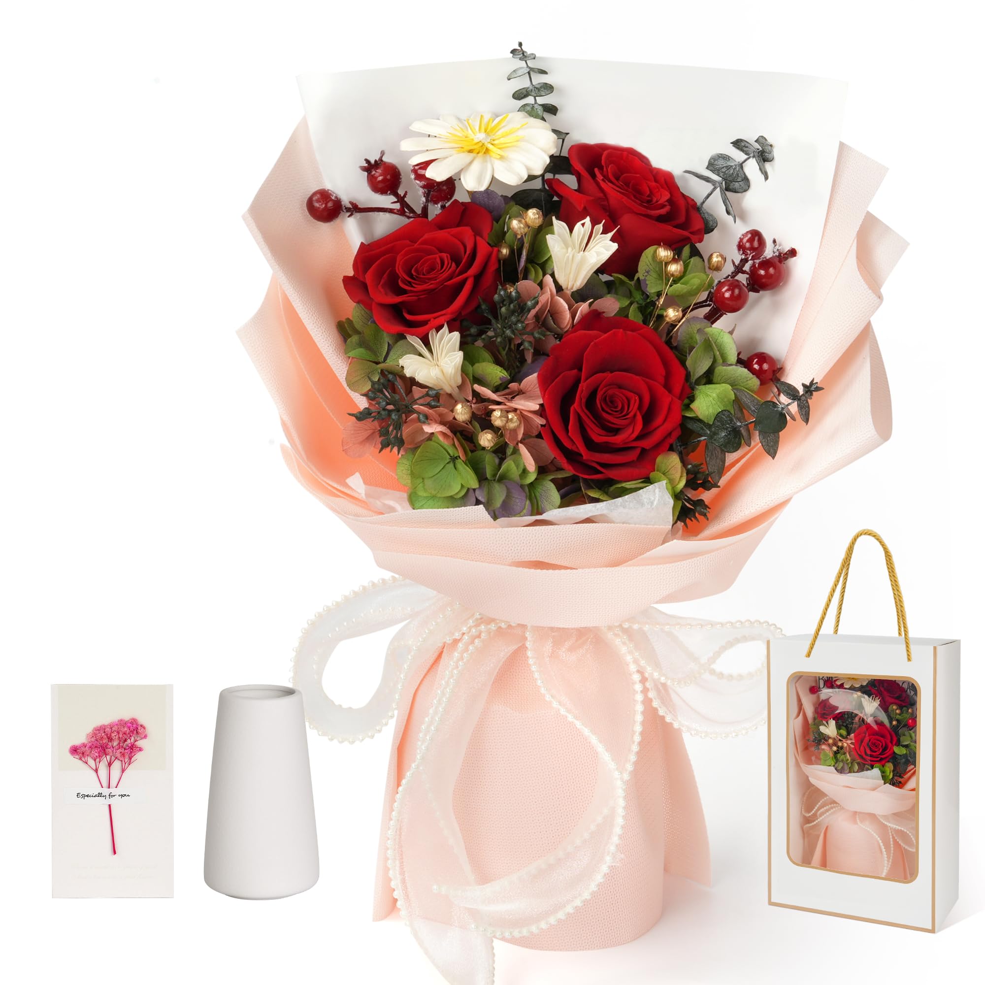 Childom preserved rose bouquet of 3 roses in vibrant color for long-lasting display