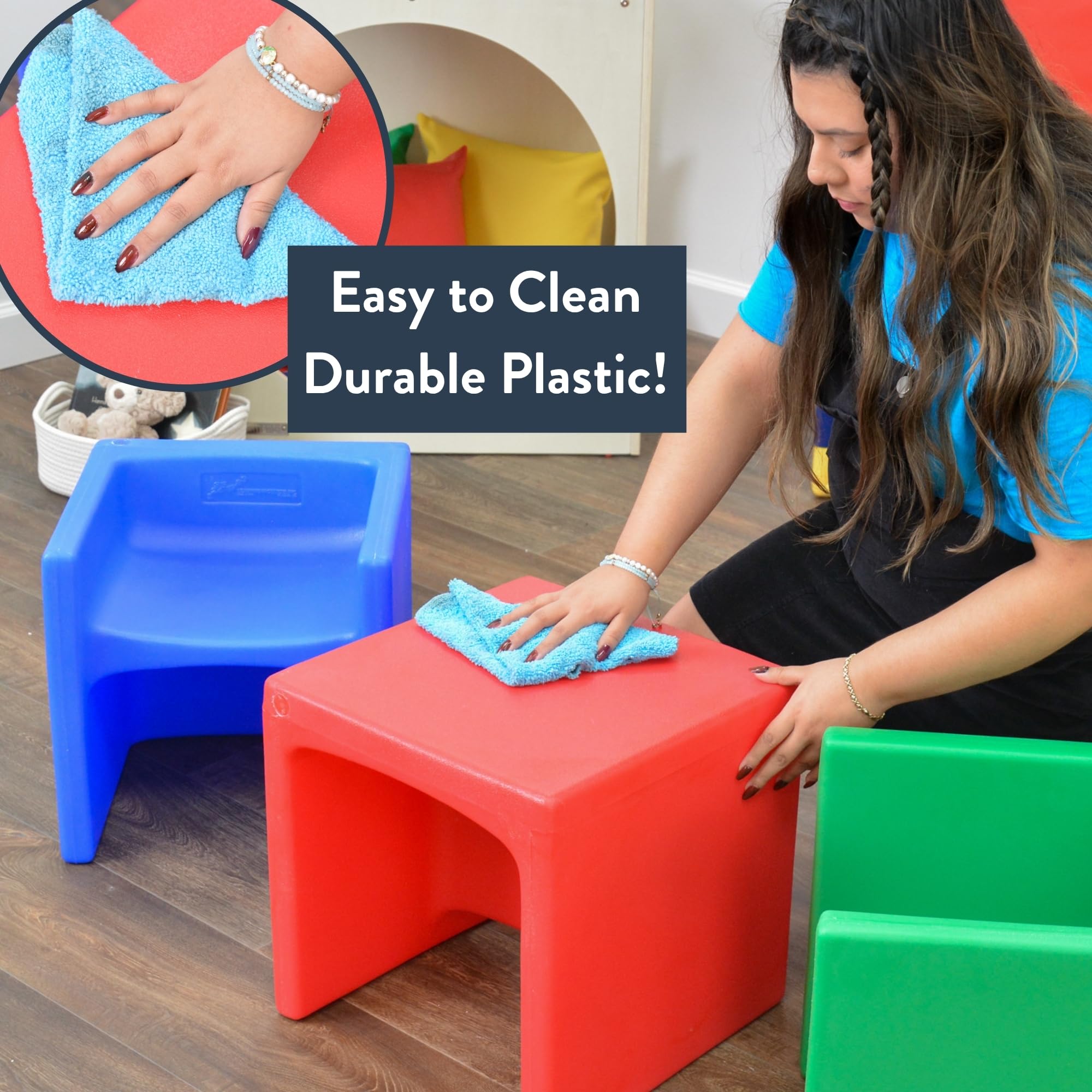Bright color design of Children's Factory cube chair energizes learning spaces.