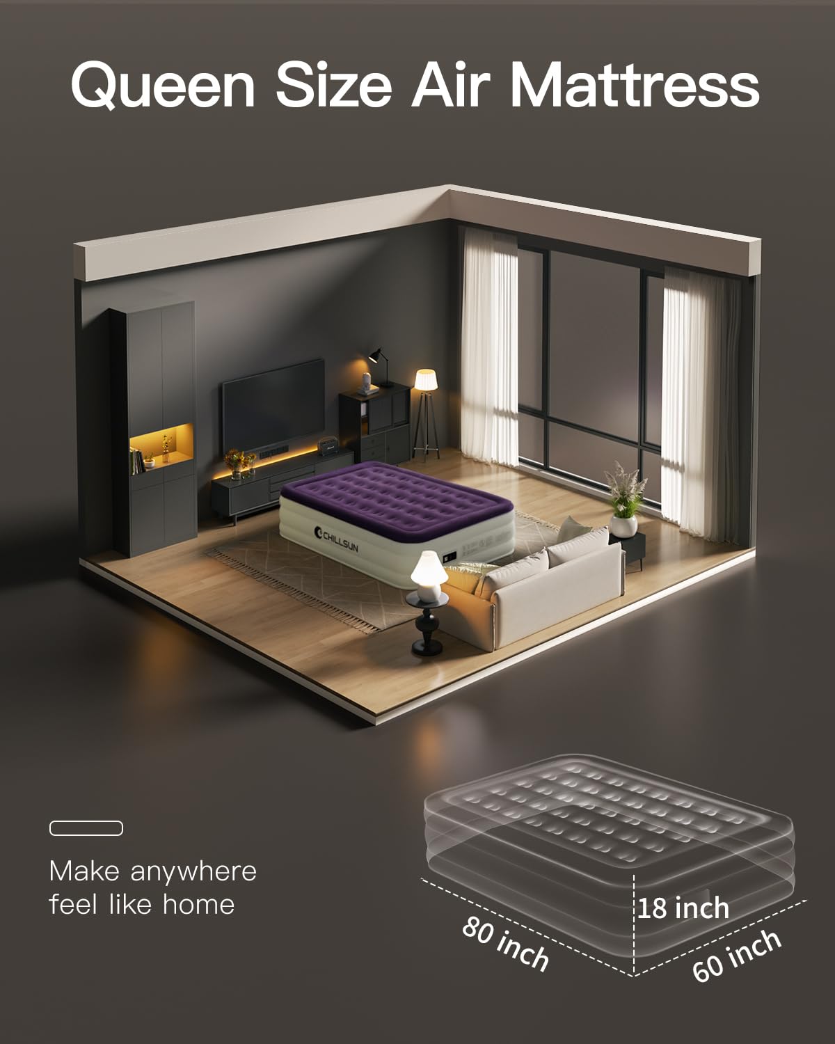 CHILLSUN Queen air mattress raised 18 inches for elevated comfort.