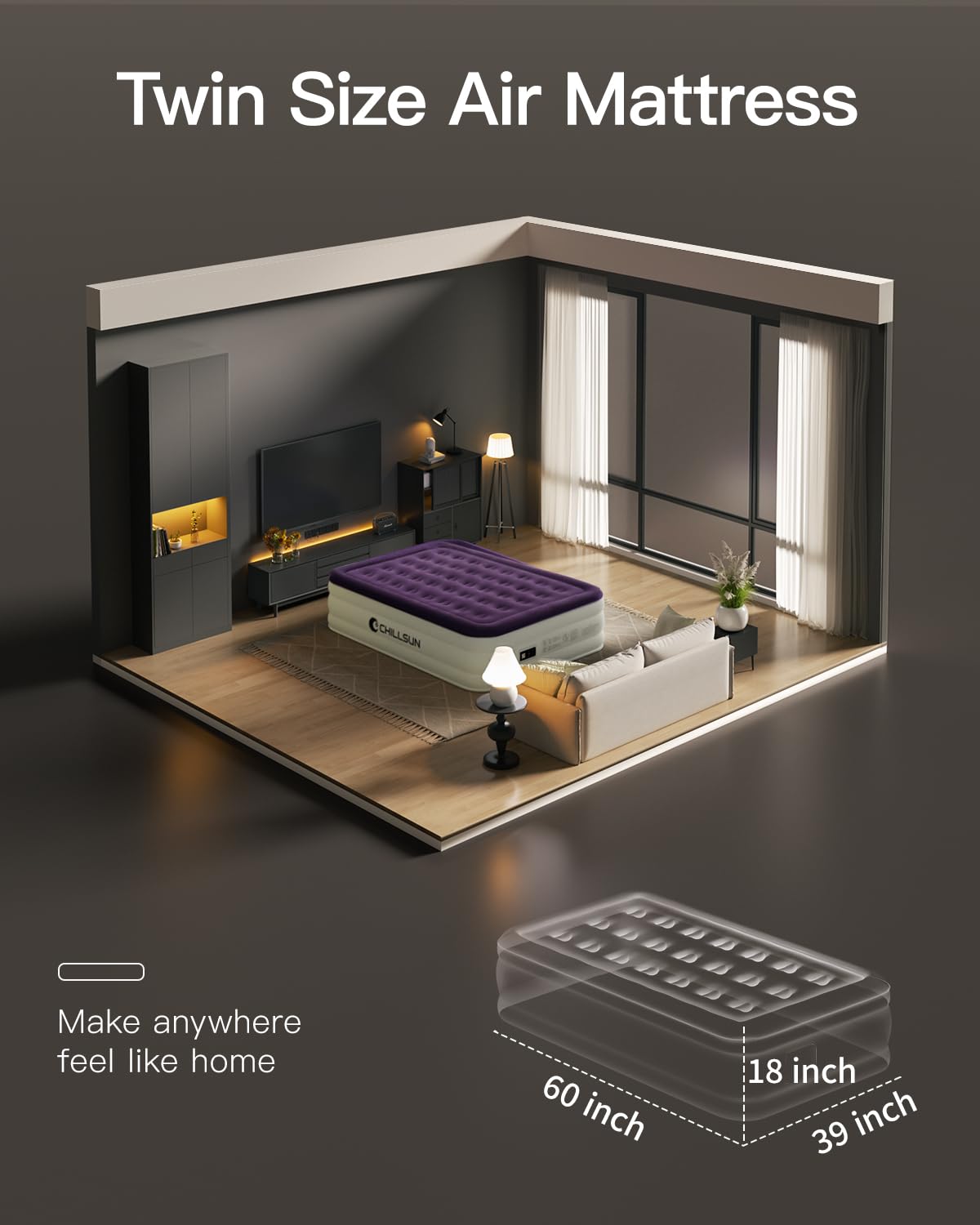 CHILLSUN twin air mattress 18-inch height for elevated sleeping comfort.