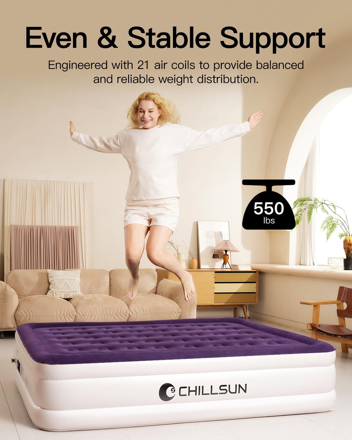 CHILLSUN twin air mattress with supportive chamber design for stability.