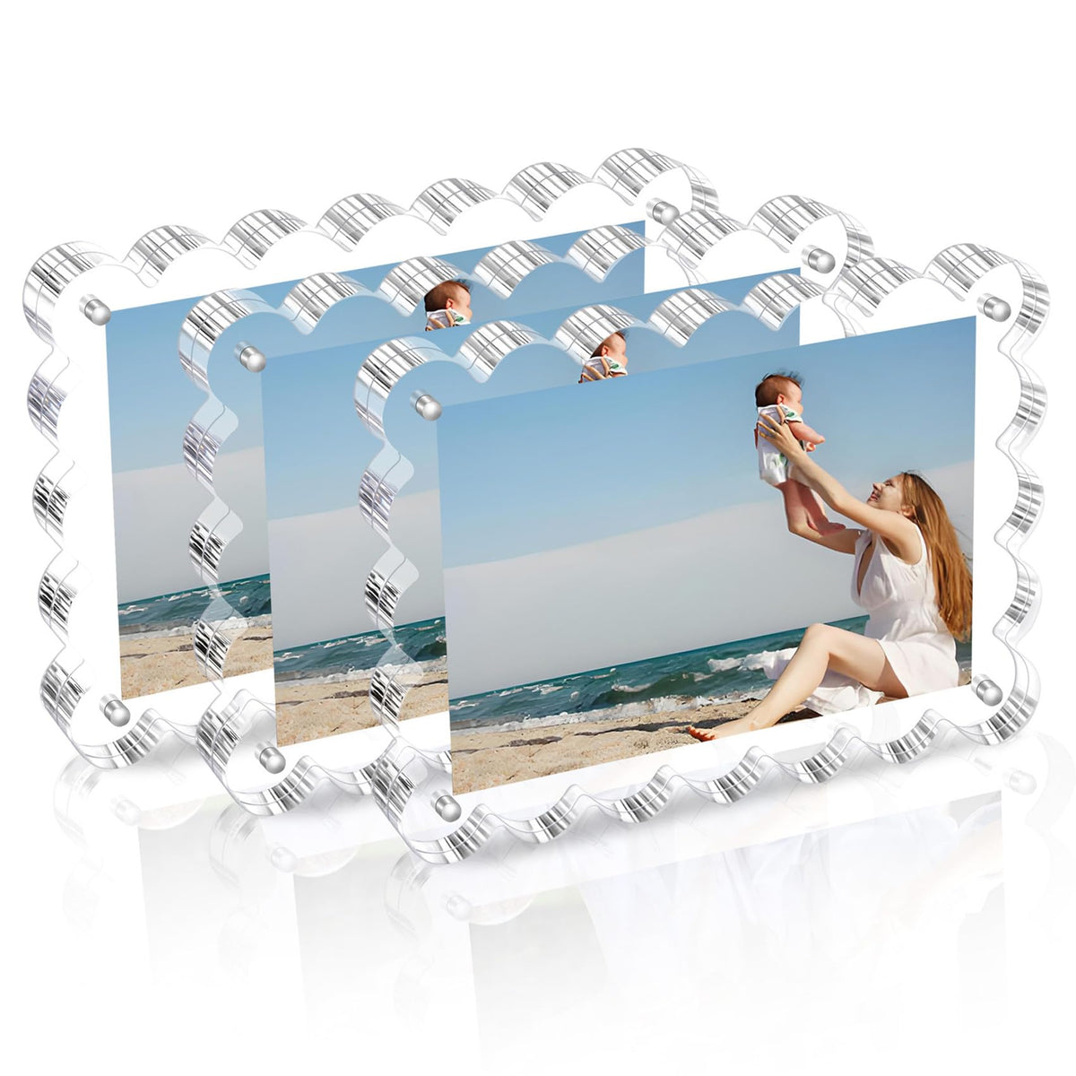Chivalral acrylic frame front view with scalloped edges for elegant display.