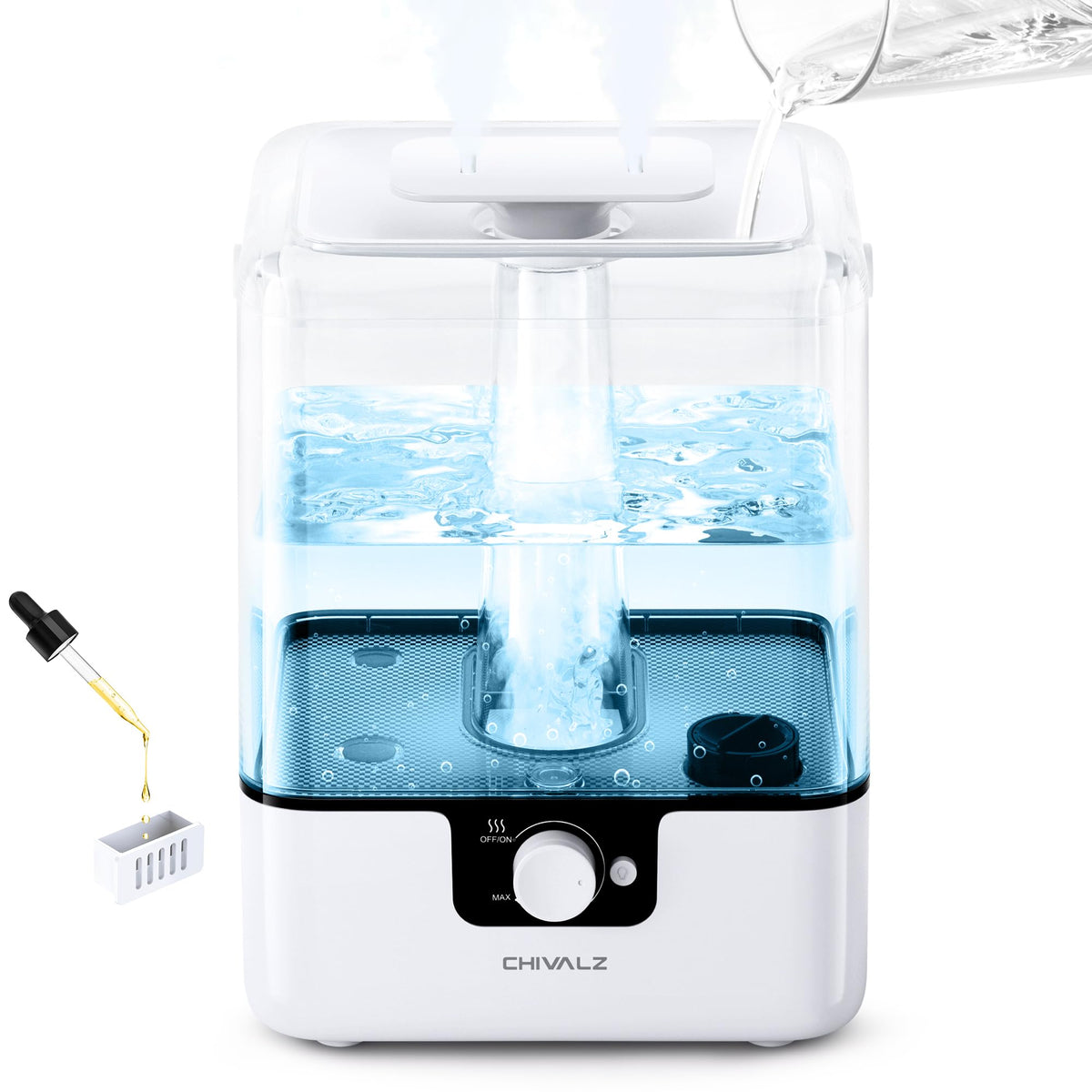 CHIVALZ 6L humidifier water tank shown for long lasting mist in large spaces