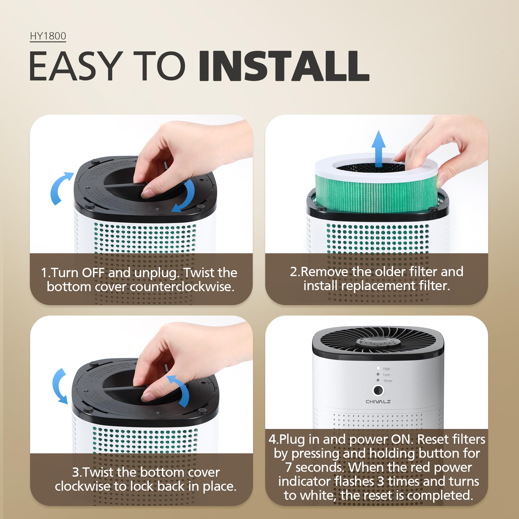 CHIVALZ HY1800 replacement filter in a home setting ready for swap.