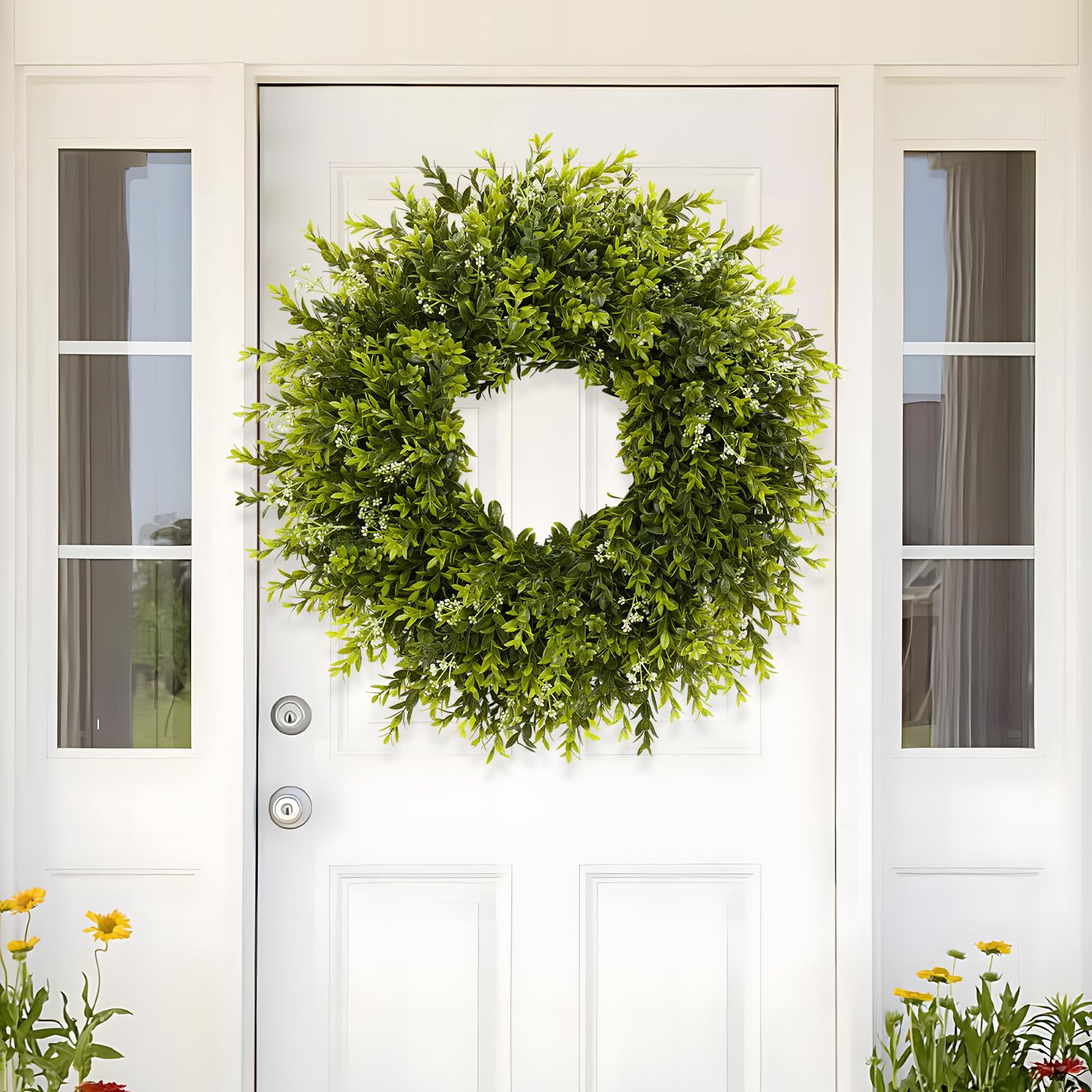 Chiyinbao boxwood wreath by the fireplace creates warm seasonal ambience