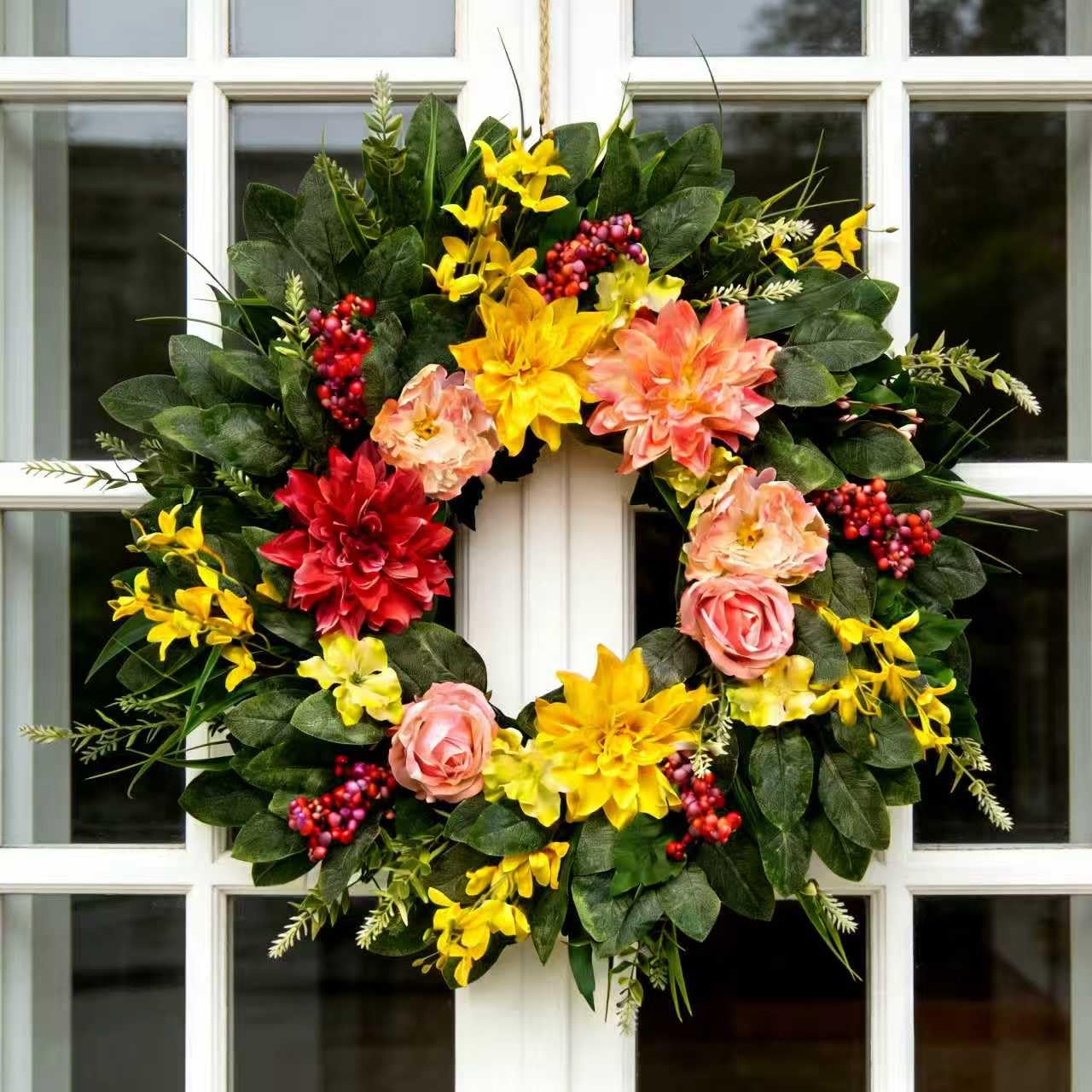 Chiyinbao dahlia wreath with green leaves livens entryways for all-season decor.