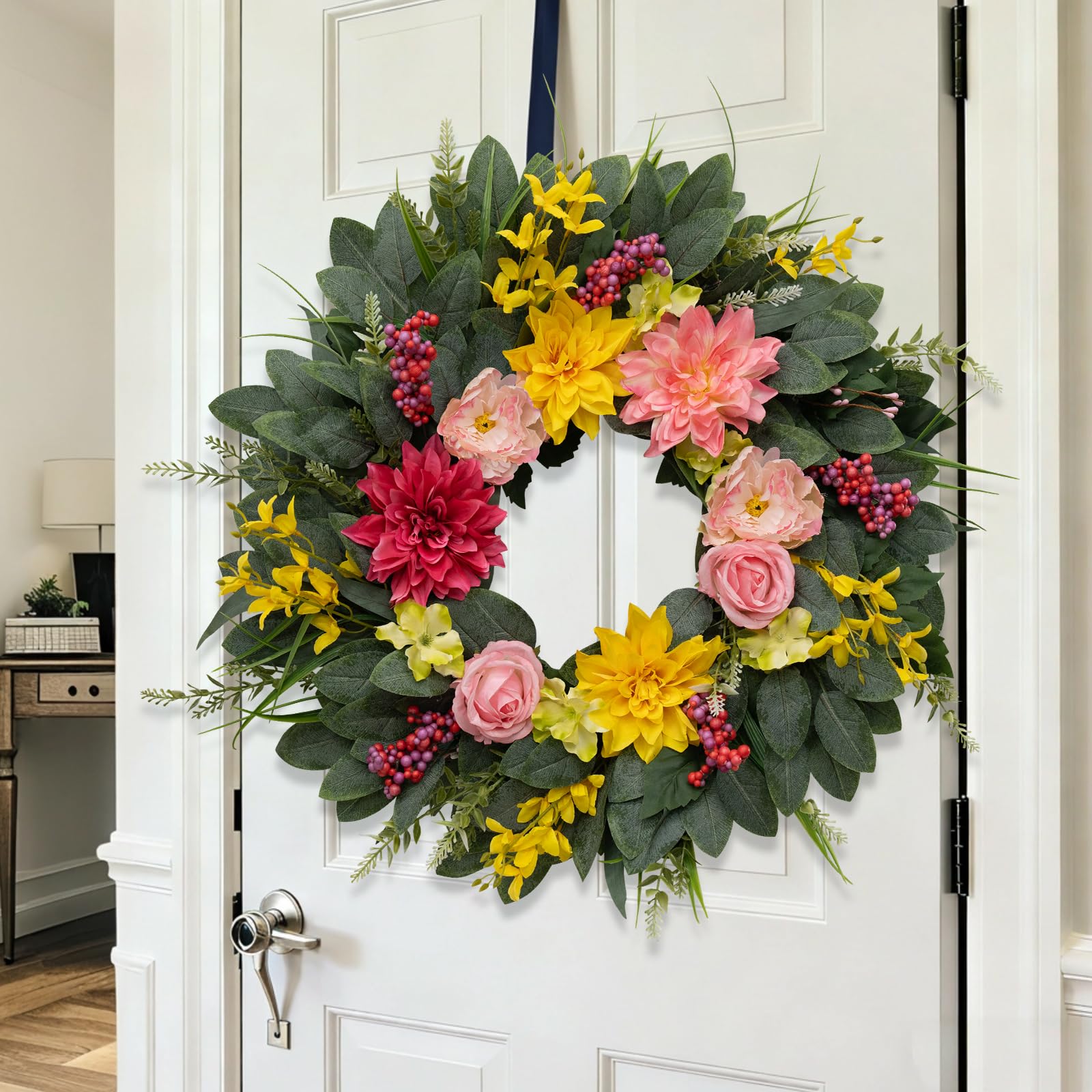 Chiyinbao all-season wreath brightens windows and walls with vibrant floral details.