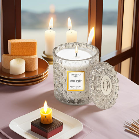 Chloefu LAN candle on table setting creates warm, inviting atmosphere.