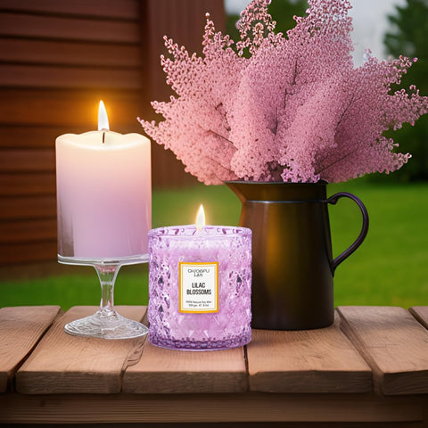 Chloefu LAN candle on a wood table evokes coziness.