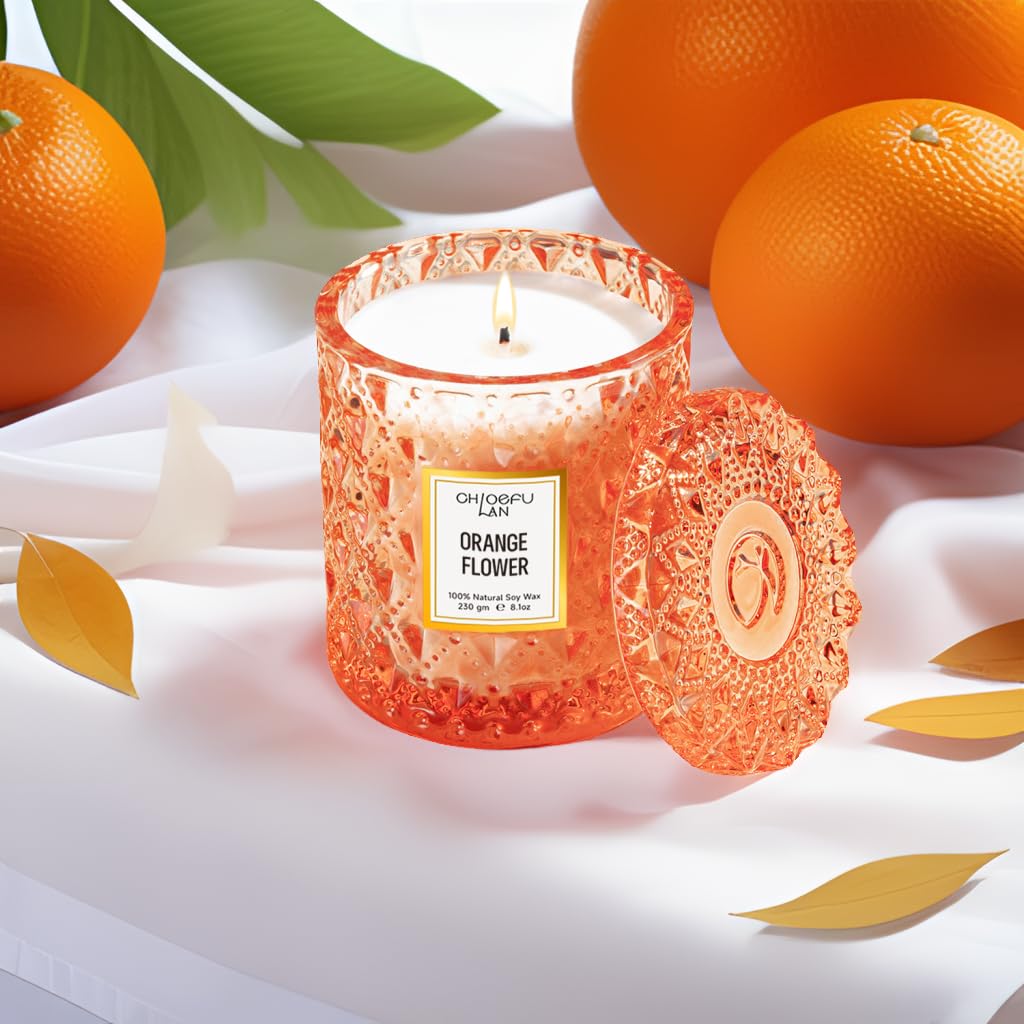 Chloefu LAN citrus candle on a decor table adds elegance and fragrance.