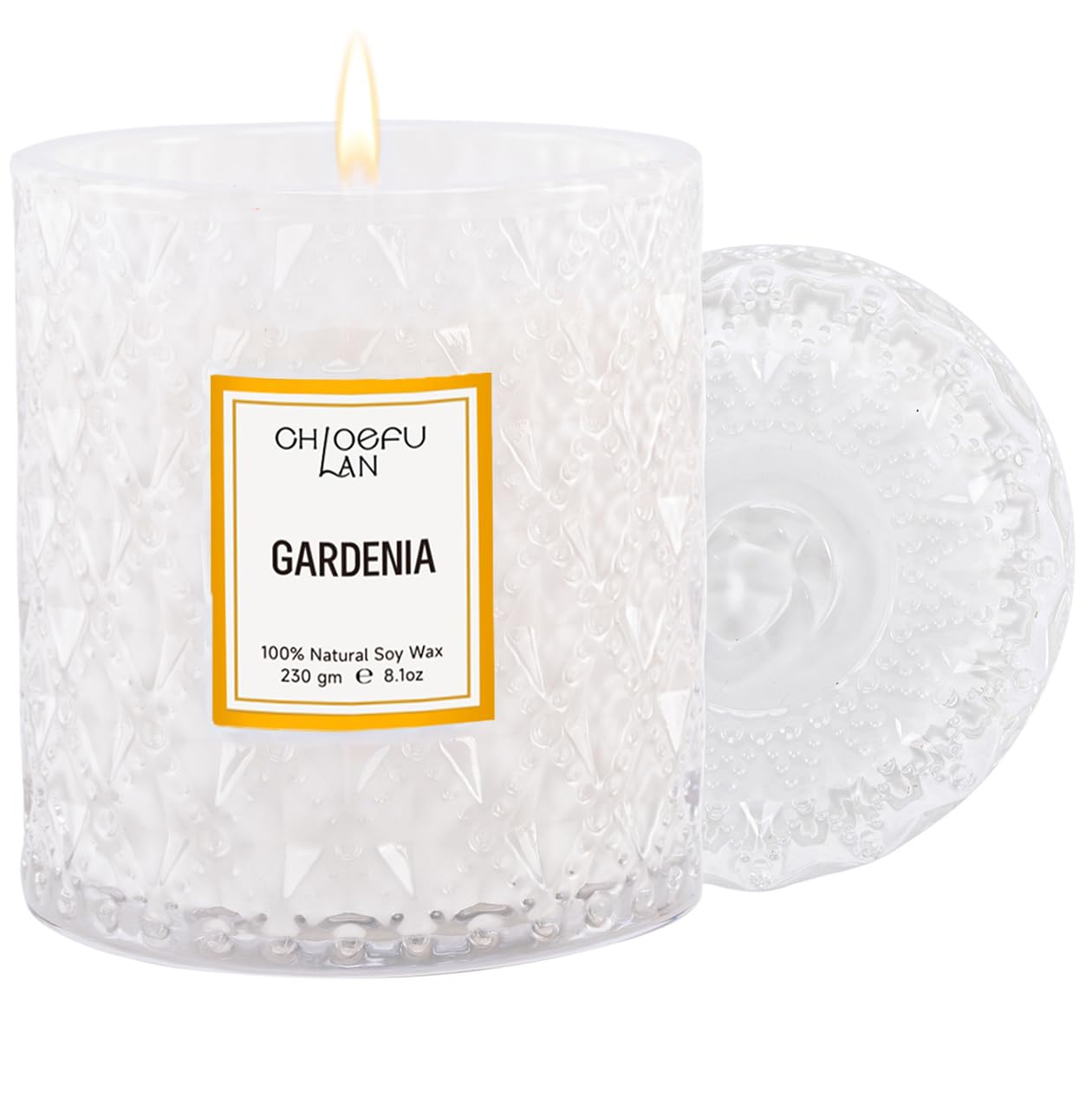 Chloefu LAN Gardenia Candle in white jar enhances elegant decor and ambiance.