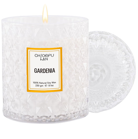 Chloefu LAN Gardenia Candle in white jar enhances elegant decor and ambiance.