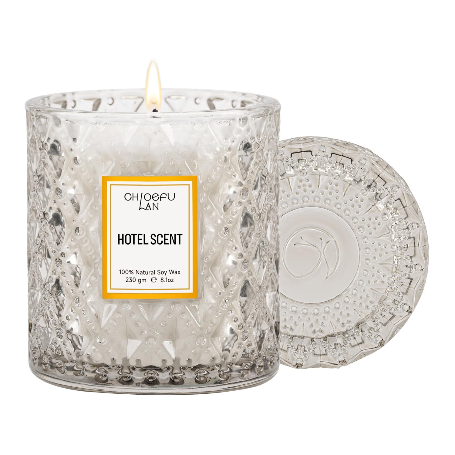 Chloefu LAN hotel scented candle in a grey container elevates luxury ambiance.