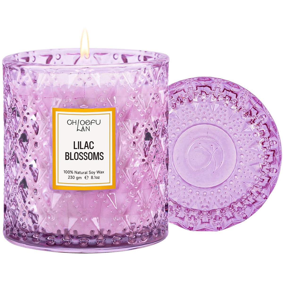Chloefu LAN Lilac Blossoms Candle in a purple jar creates warm ambience.