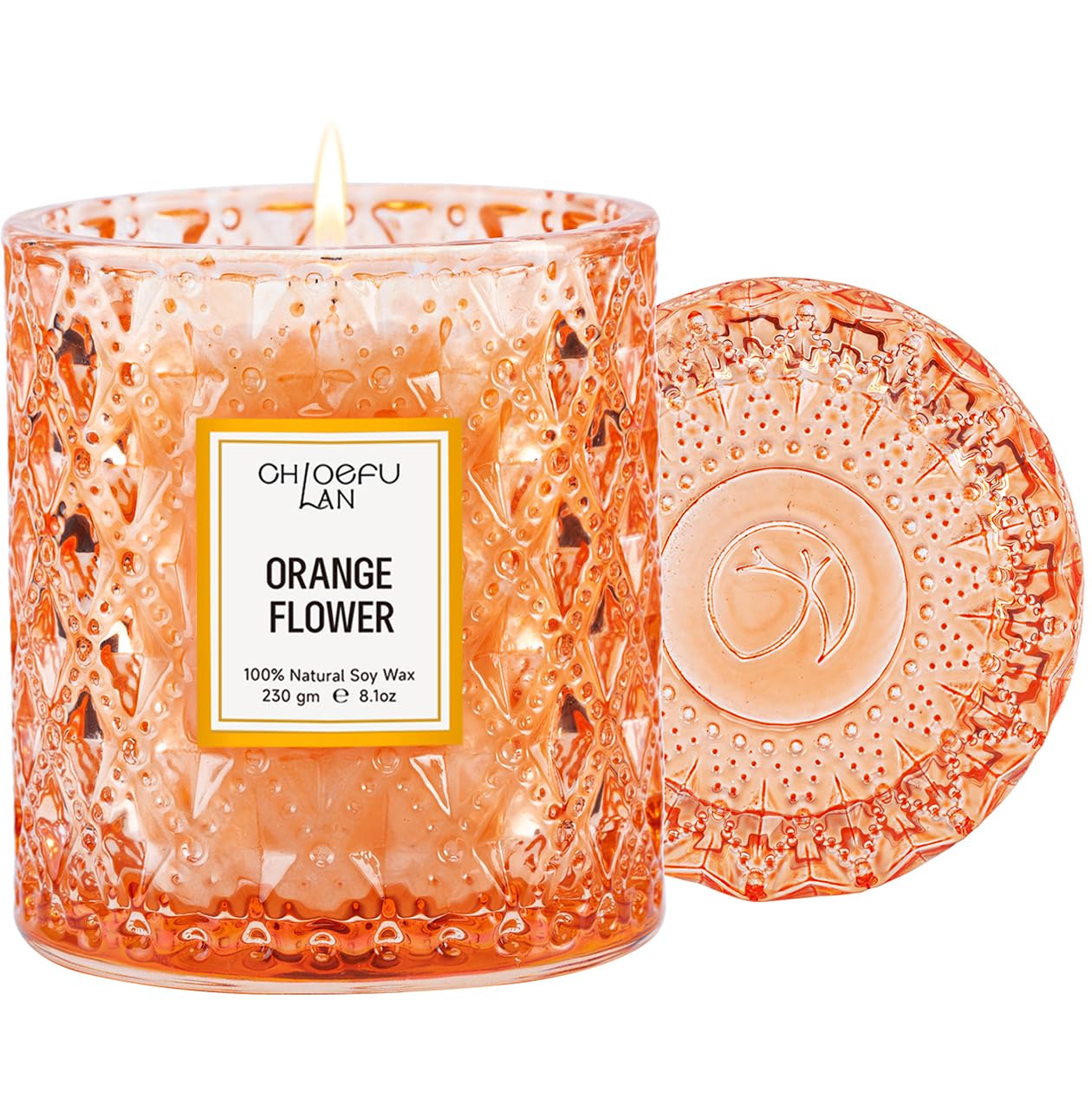 Chloefu LAN Orange Blossom Candle in a jar for bright citrus ambiance.
