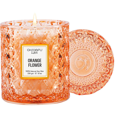 Chloefu LAN Orange Blossom Candle in a jar for bright citrus ambiance.