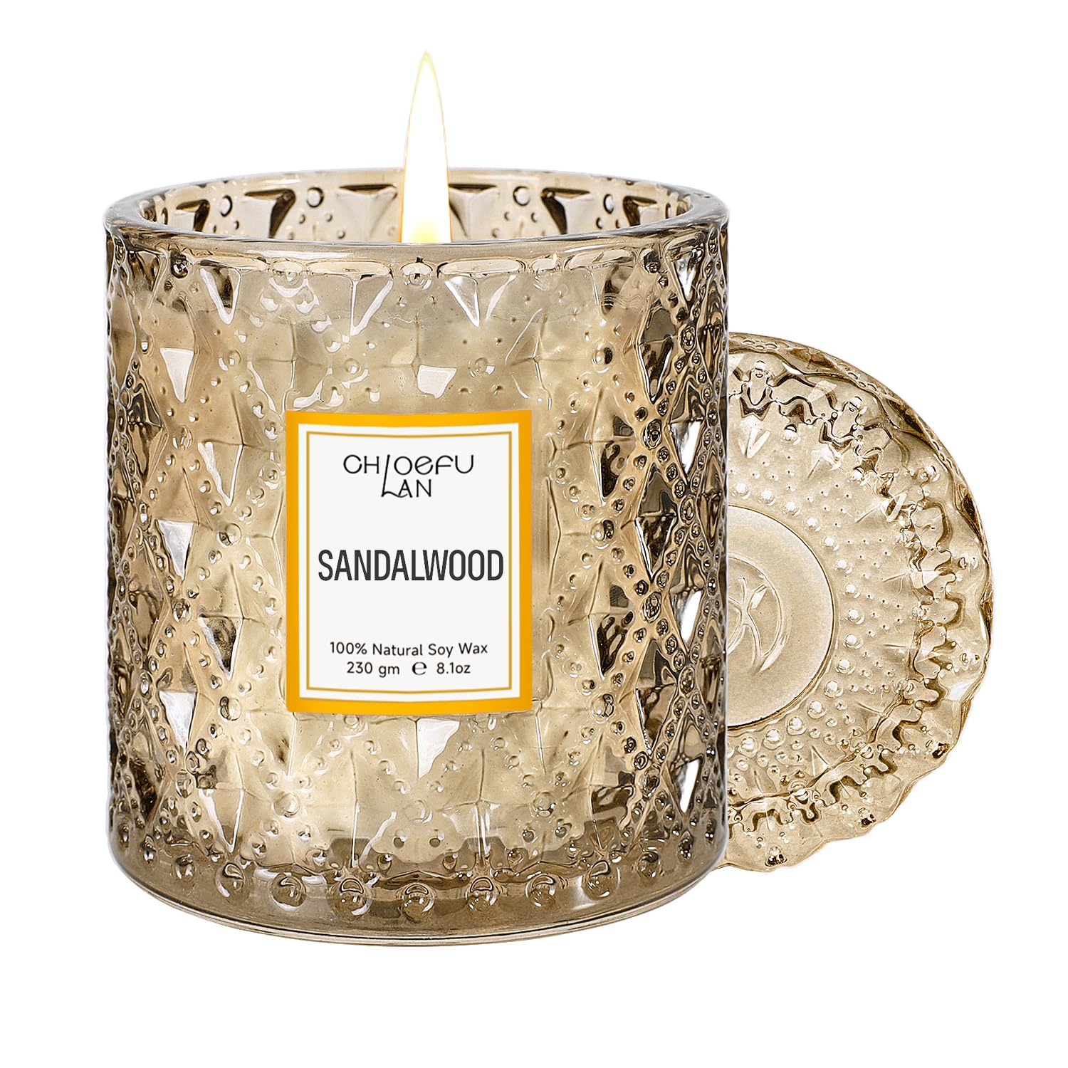 Chloefu LAN sandalwood candle in brown container for warm, sophisticated ambiance and relaxation