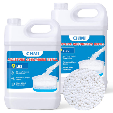 CHMI Moisture Absorber Refill Beads in a bucket for humidity control and odor prevention.
