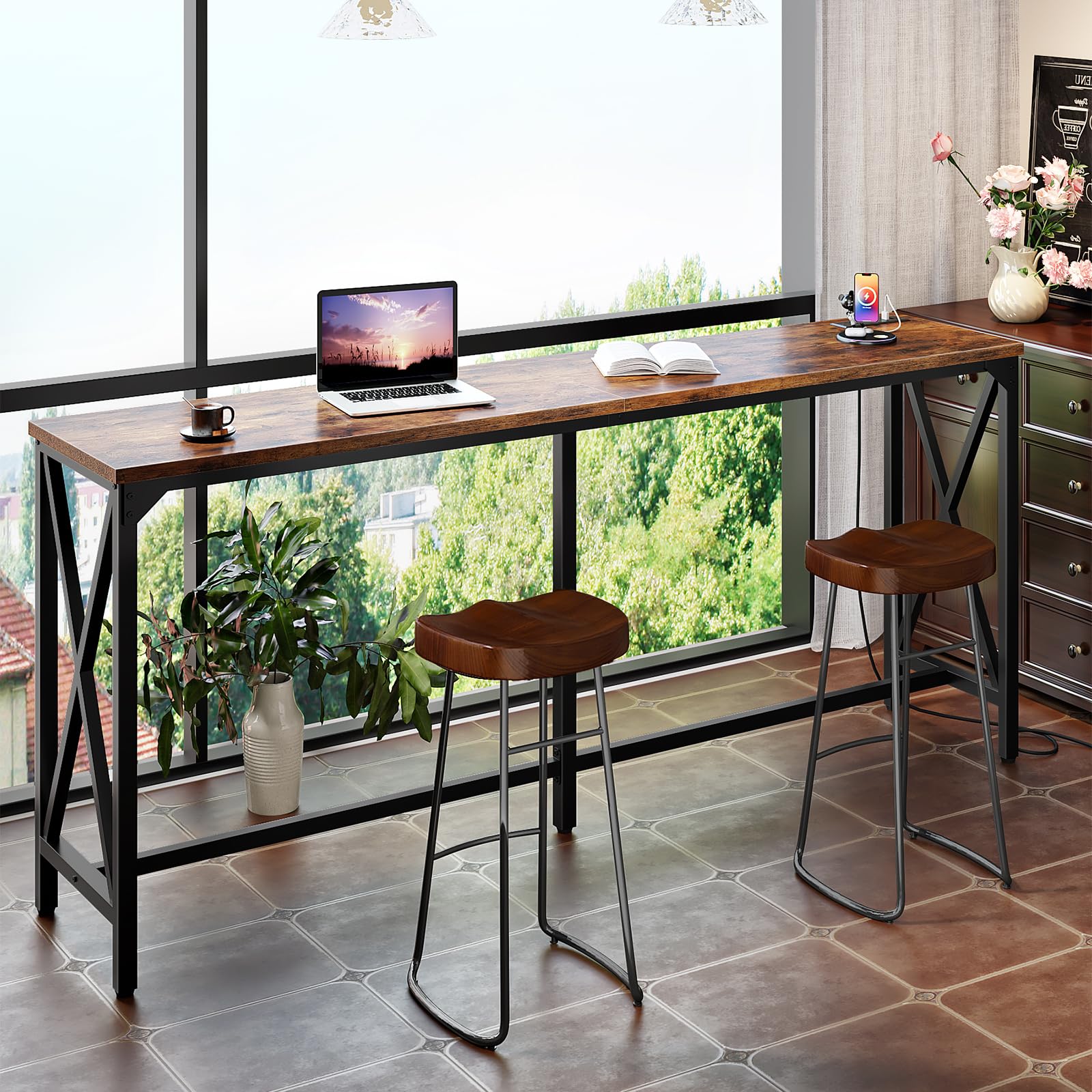 CHOEZON bar table side view reveals sturdy frame and generous workspace.