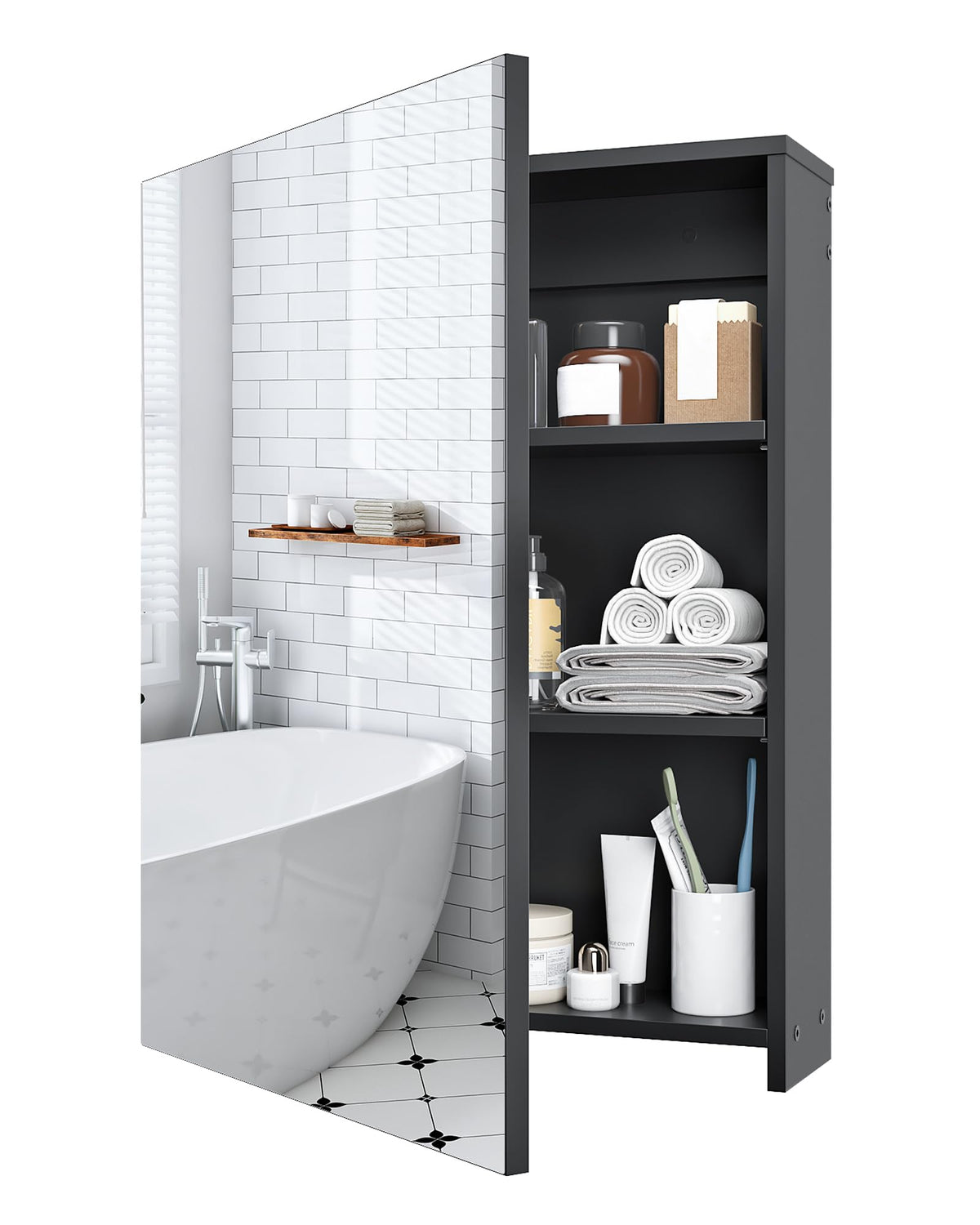 CHOEZON bathroom cabinet mirror in black enhances morning routines with clear reflection.