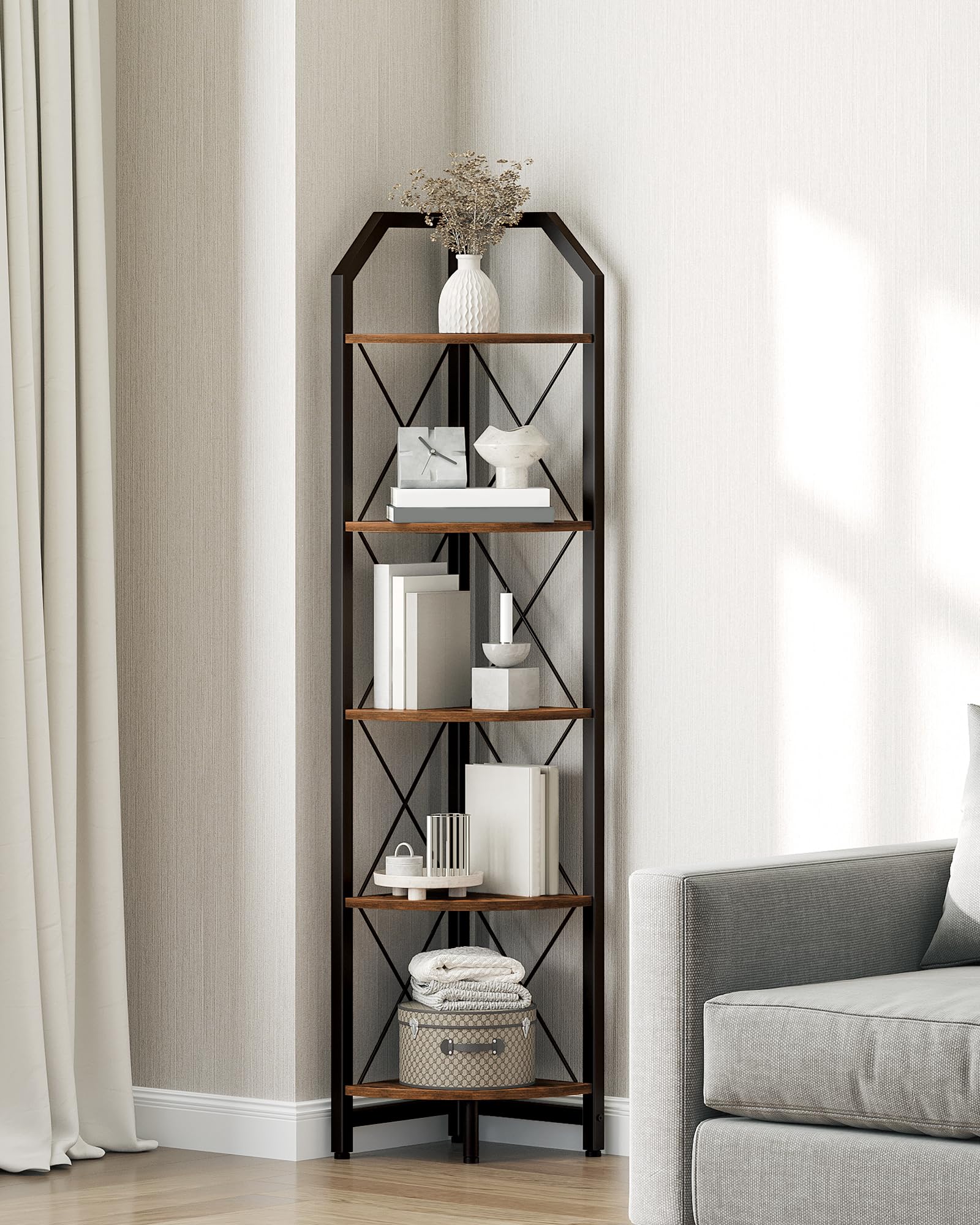 CHOEZON industrial corner shelf with metal frame supports sturdy book storage.