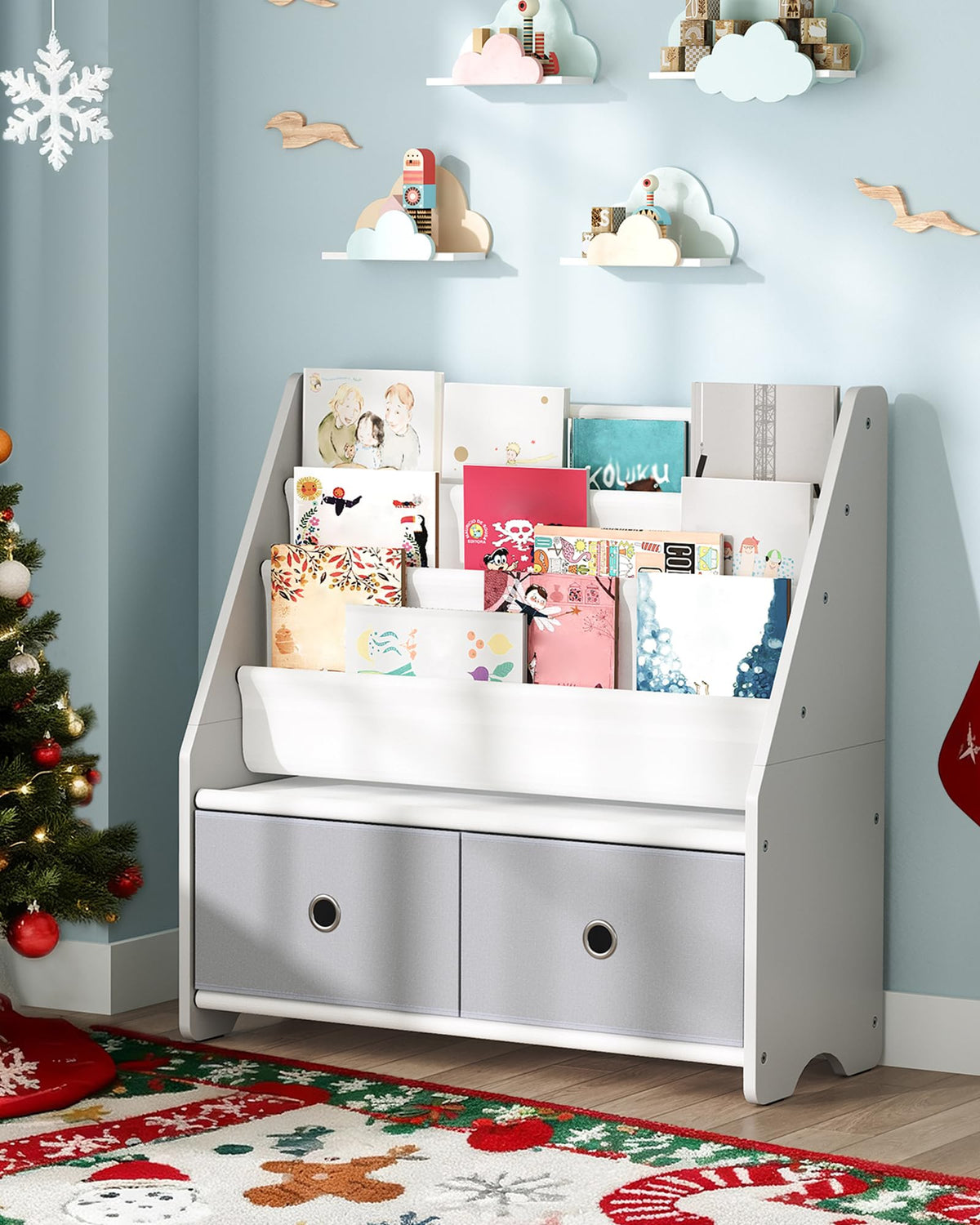 CHOEZON 4-tier bookshelf front view in white-gray for organized book display
