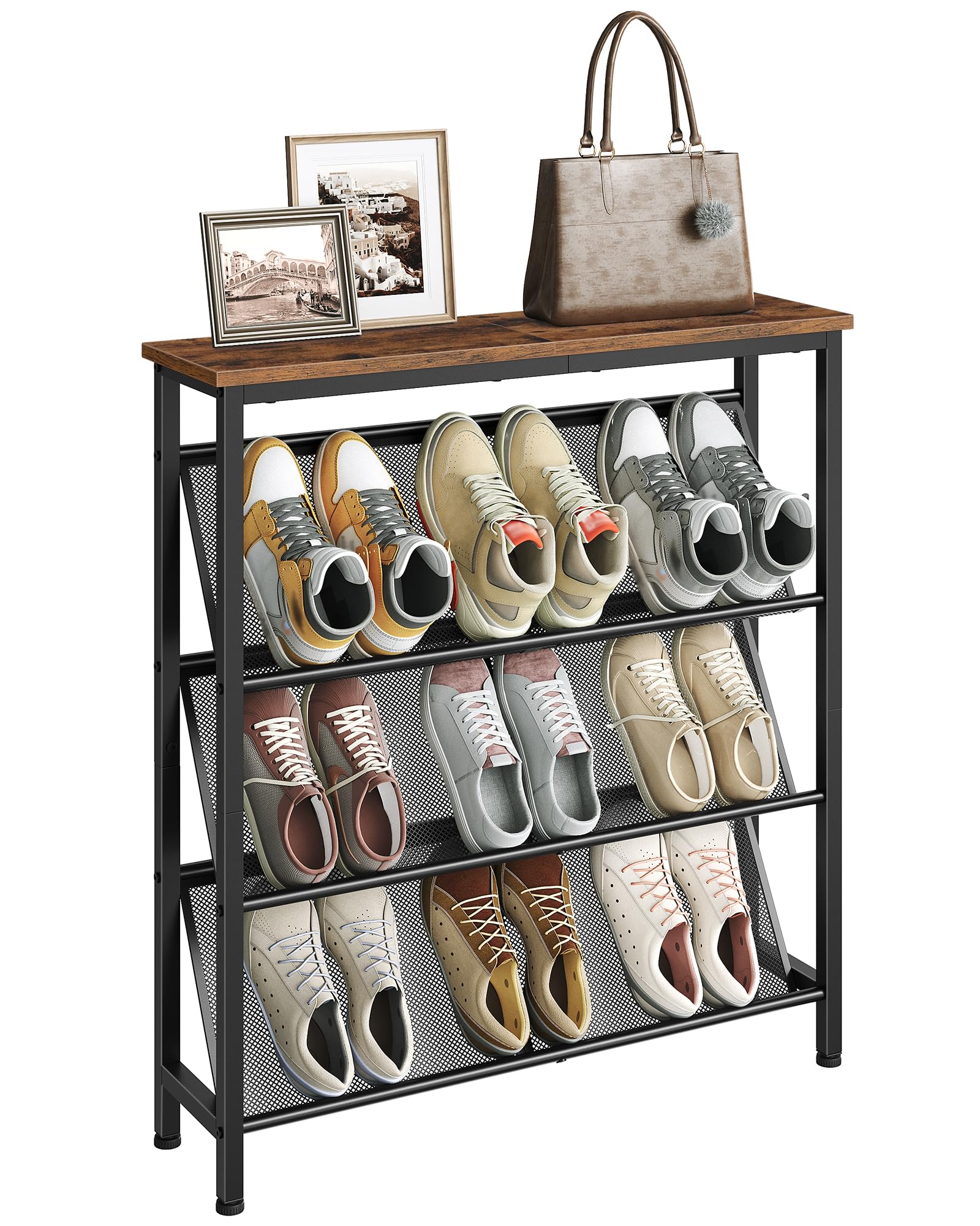 CHOEZON shoe rack with wooden top and metal frame showcases sturdy design for small spaces.