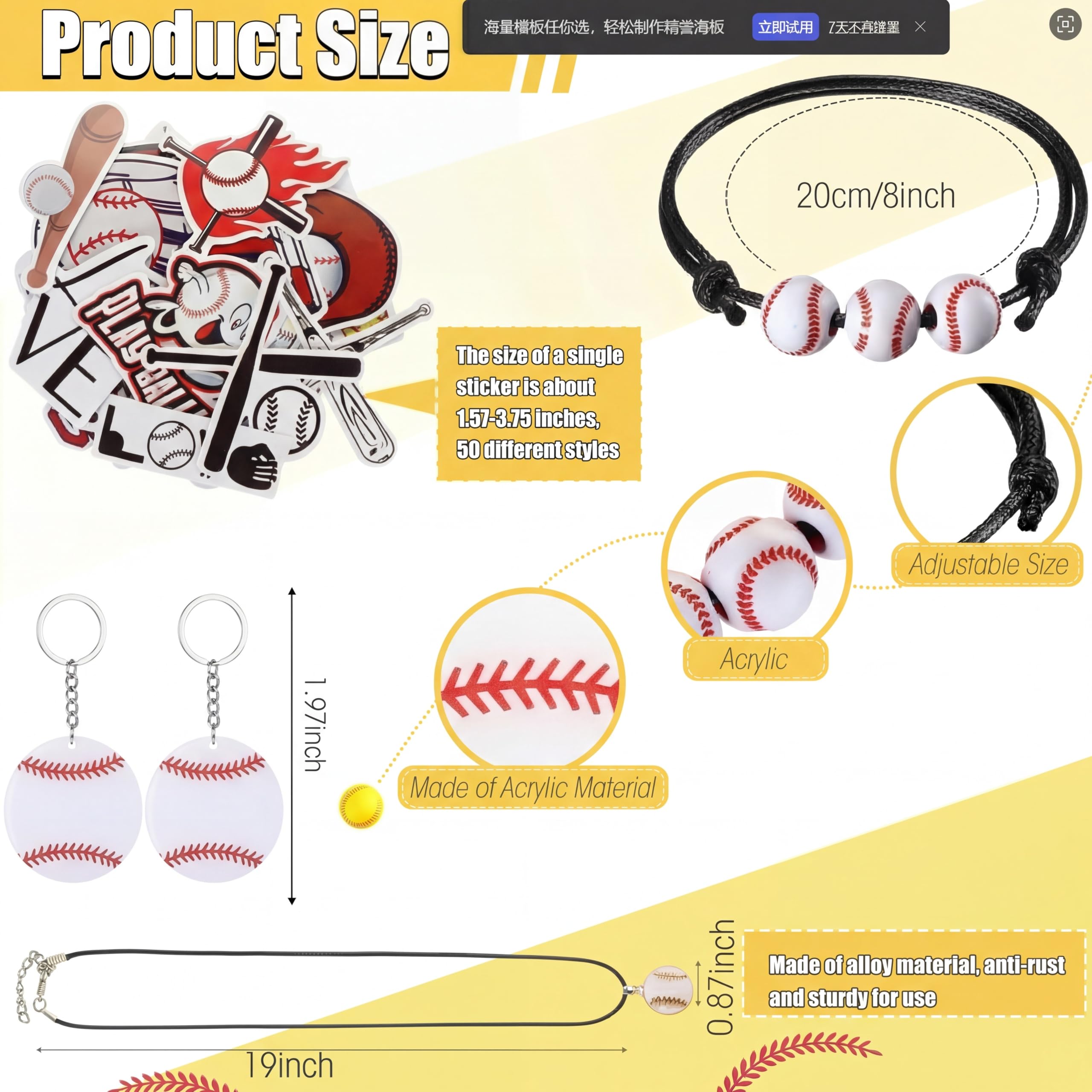 Cholemy baseball charm bracelet in acrylic, adjustable for most fans