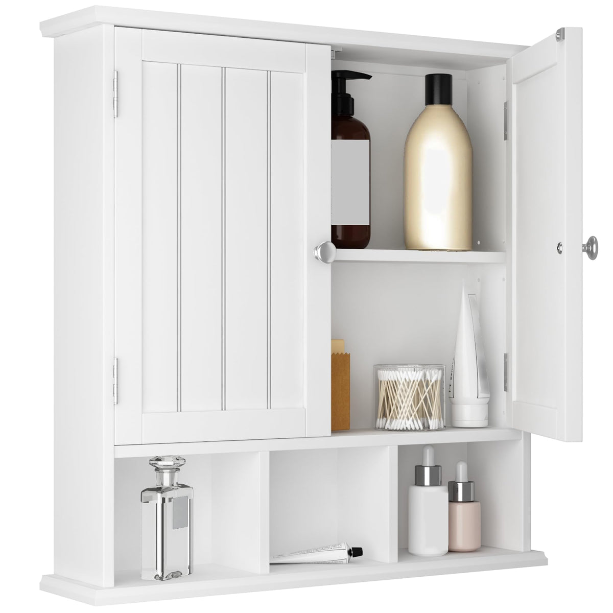 ChooChoo two-door bathroom cabinet conceals toiletries for a tidy look