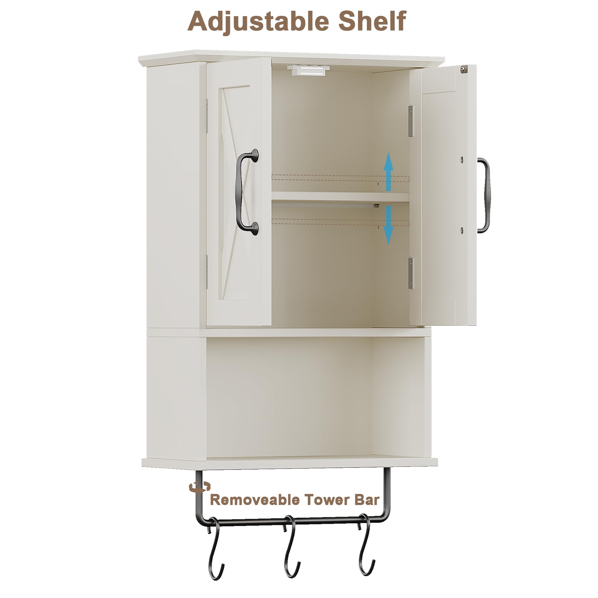ChooChoo Farmhouse cabinet three hooks add convenient hang space for robes and accessories.