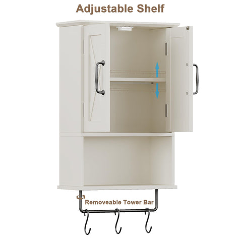ChooChoo Farmhouse cabinet three hooks add convenient hang space for robes and accessories.