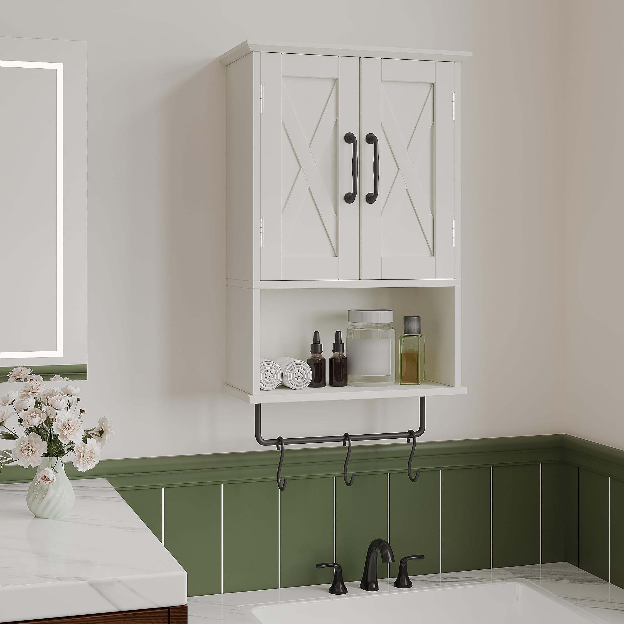 ChooChoo Farmhouse cabinet adjustable shelf inside for flexible cosmetic or medicine organization.