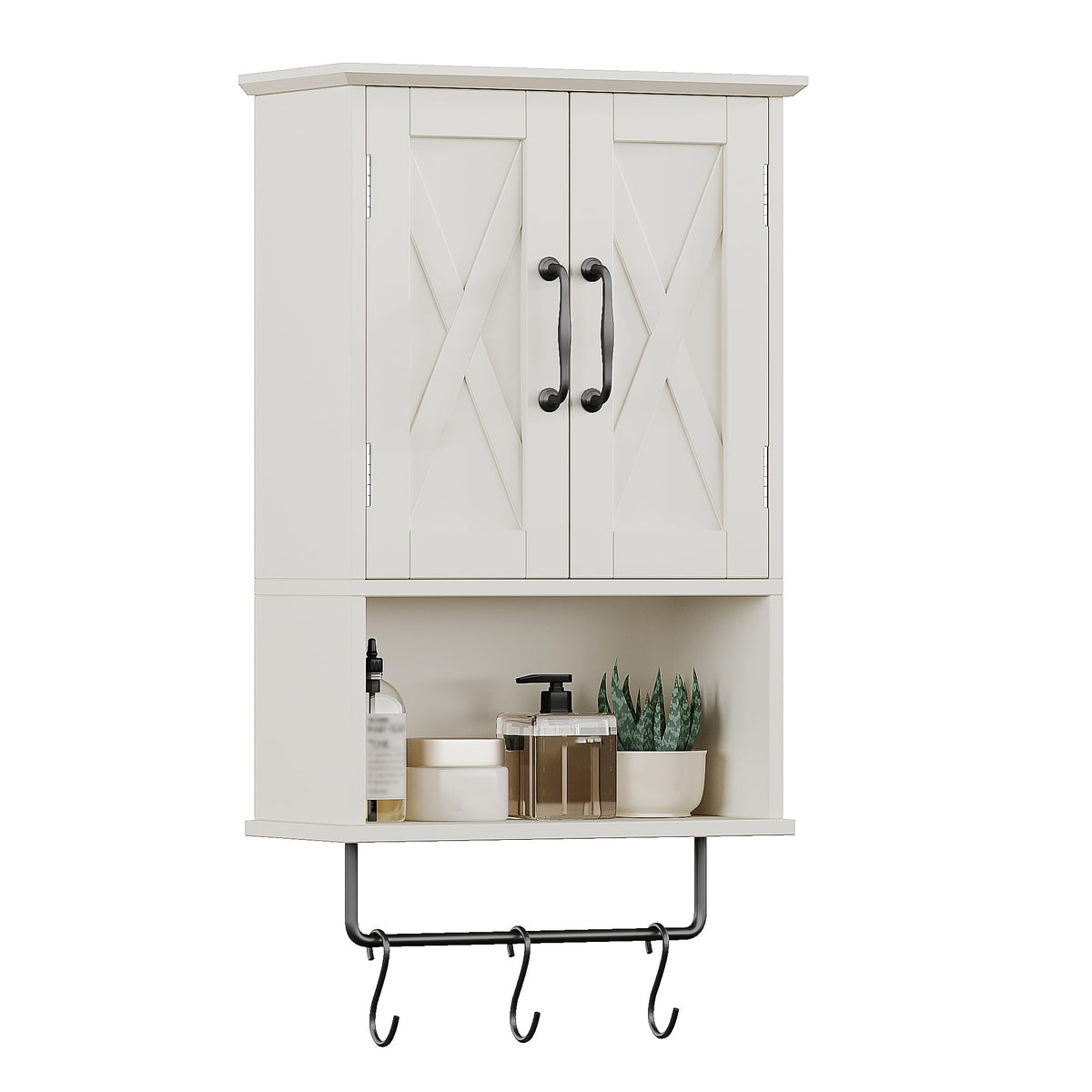 ChooChoo Farmhouse cabinet with closed front and off-white finish for durable bathroom storage.