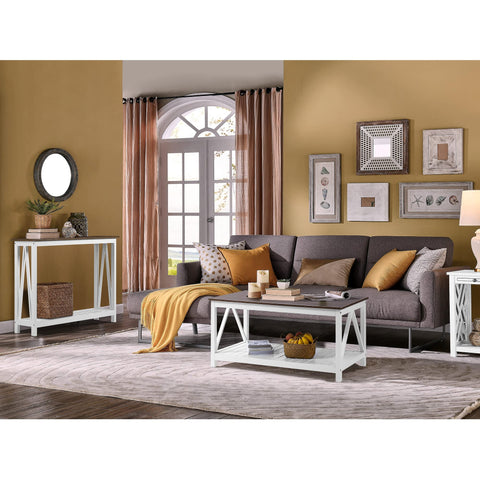 ChooChoo Farmhouse console bottom shelf with decorative slats offering open storage.