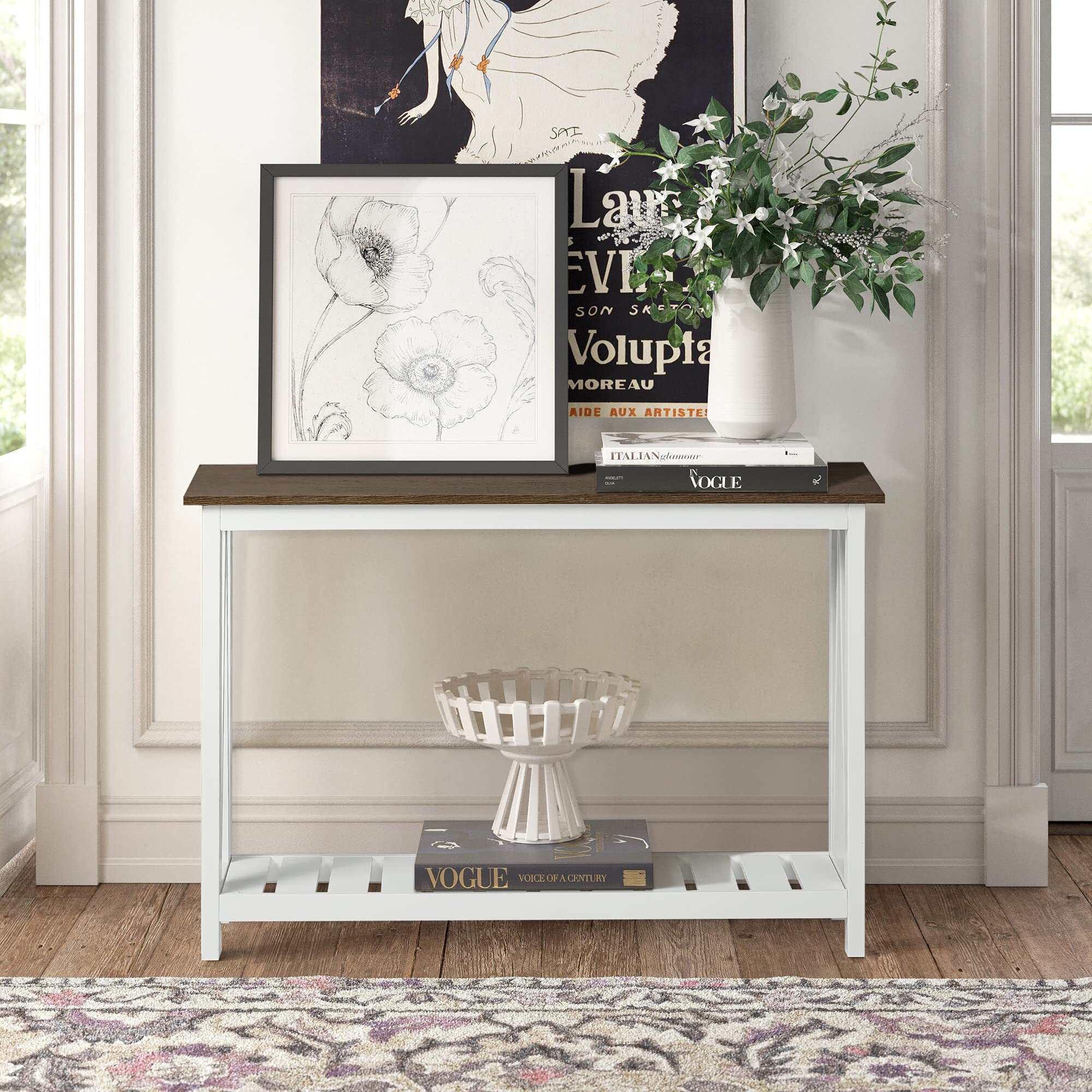 ChooChoo Farmhouse console set in living room as a slim sofa table or plant display.