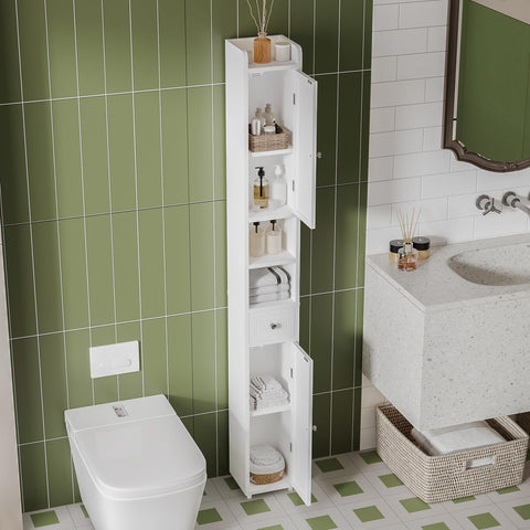 ChooChoo narrow cabinet in situ illustrating tall, slim footprint in a bathroom