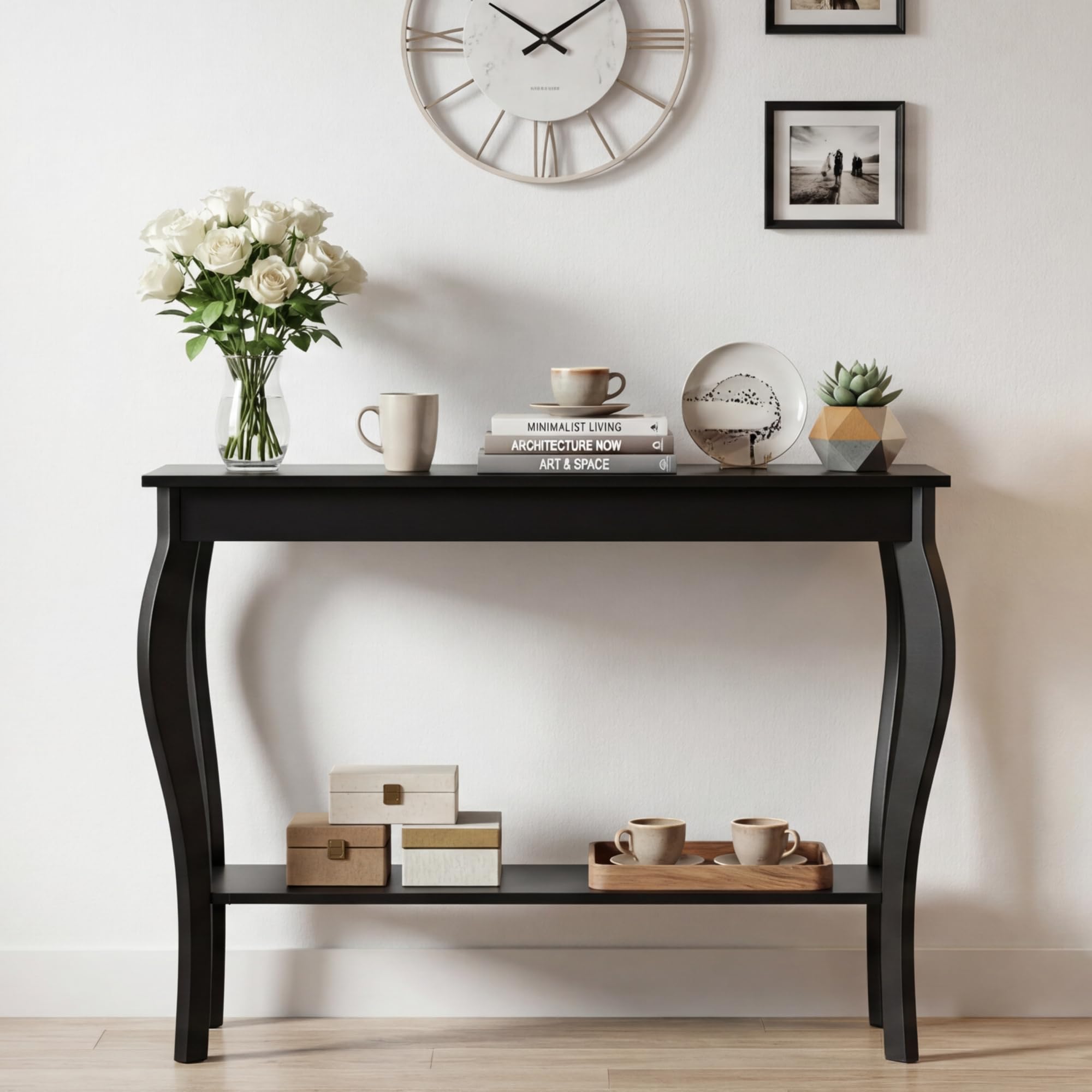 ChooChoo narrow console table frontal view with curved legs for refined entryway decor