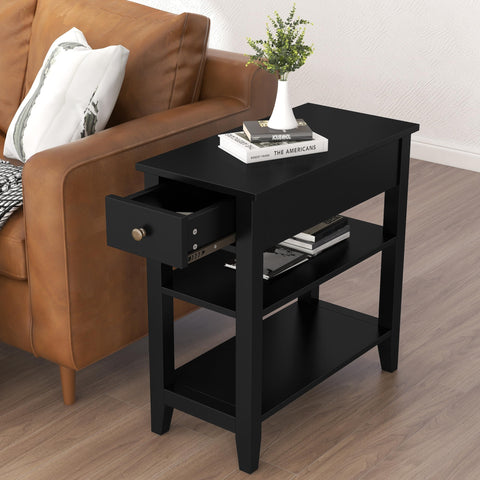 ChooChoo side table with narrow drawer and shelf beside the sofa for organized living room storage.