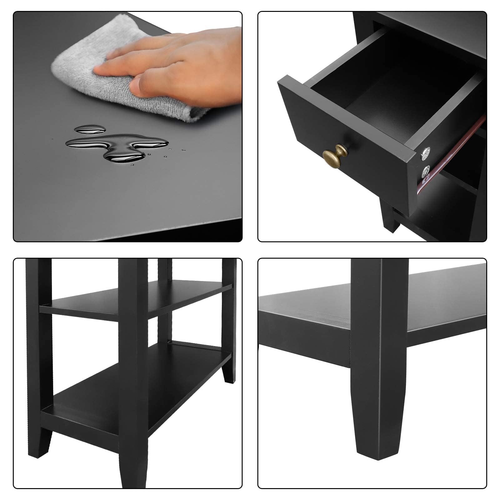 ChooChoo three-tier shelf end table provides accessible storage for remotes and books.
