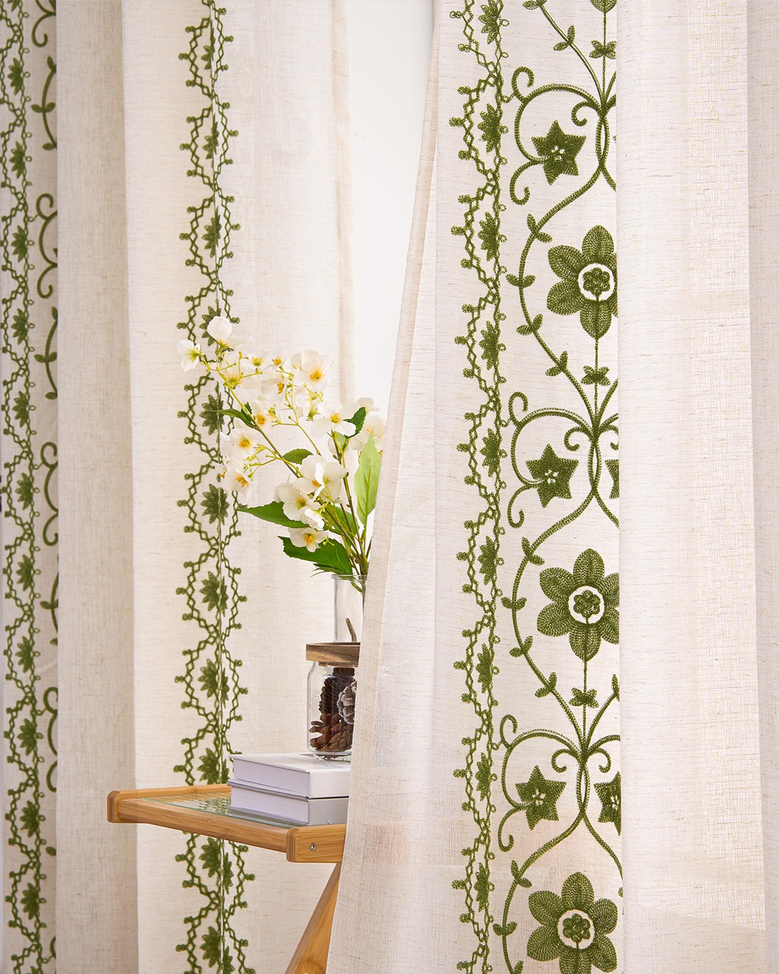 Chorowl sage-green boho curtains two-panel set for easy hanging