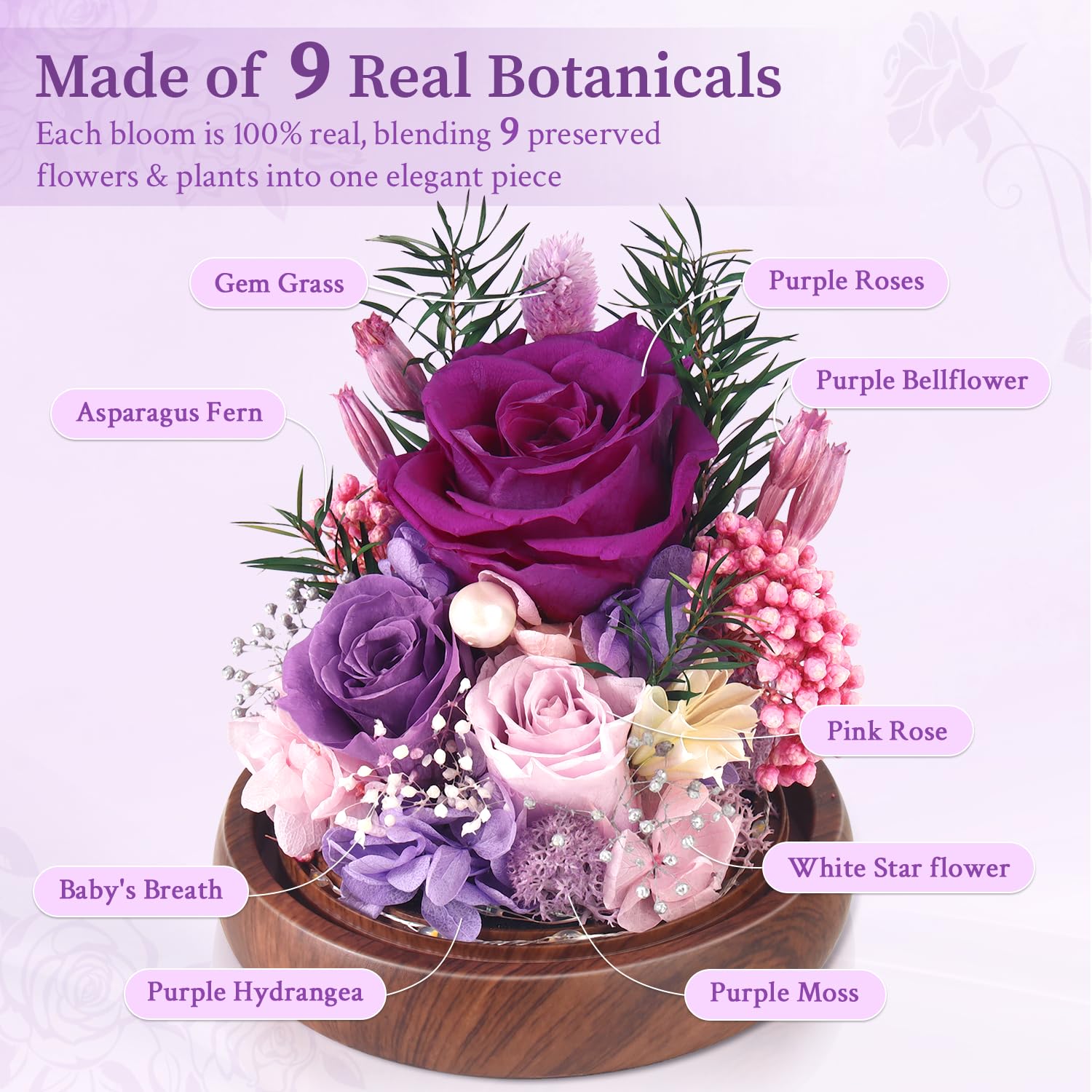 ChosiaRose arrangement on a wooden base with rustic charm