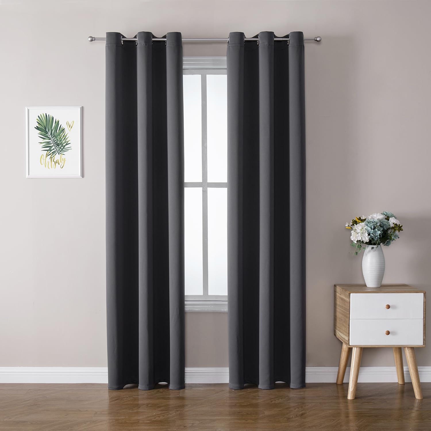 ChrisDowa blackout curtains 2-panel set with grommets on dark grey fabric.