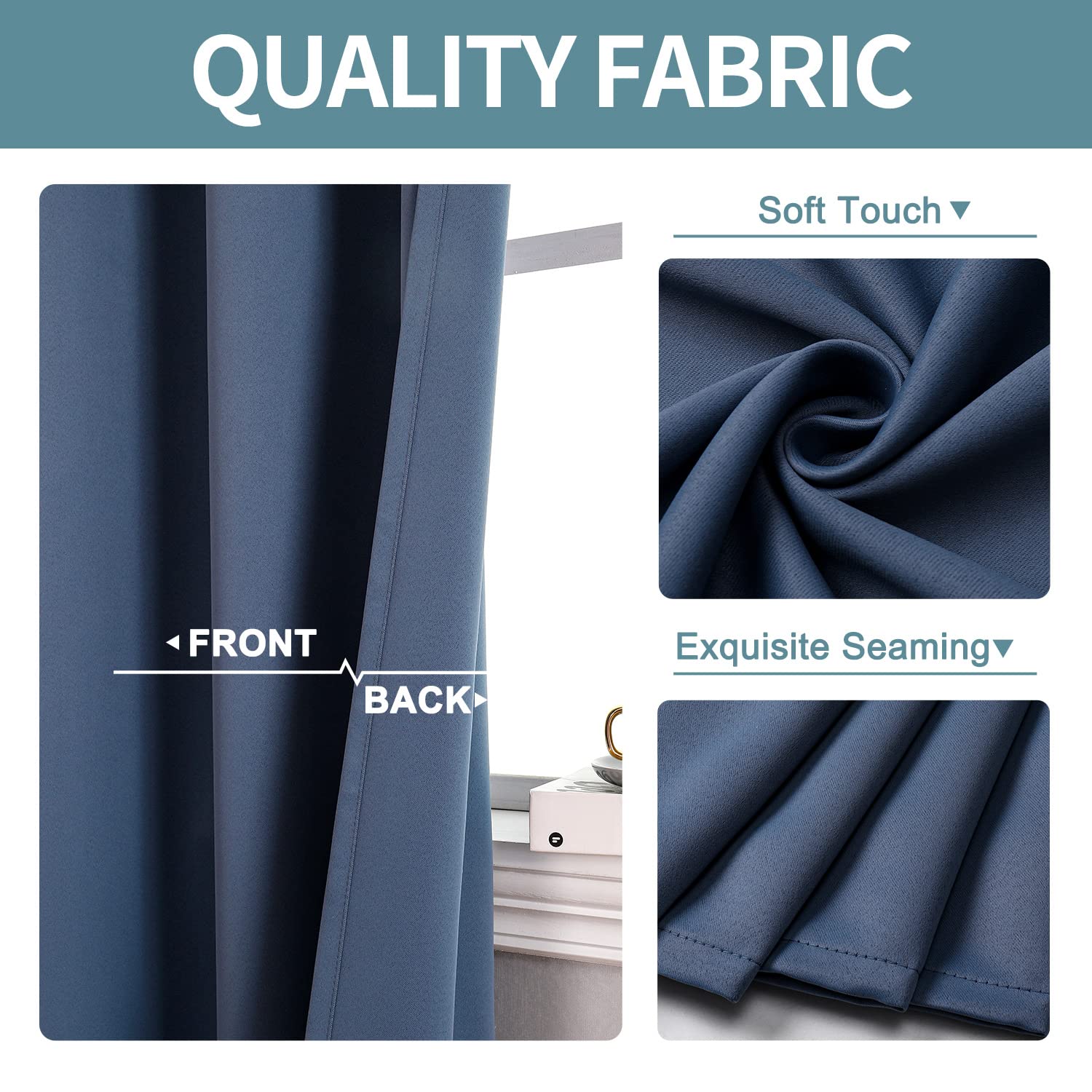 ChrisDowa stone blue blackout curtains closeup, soft textured fabric and premium grommets