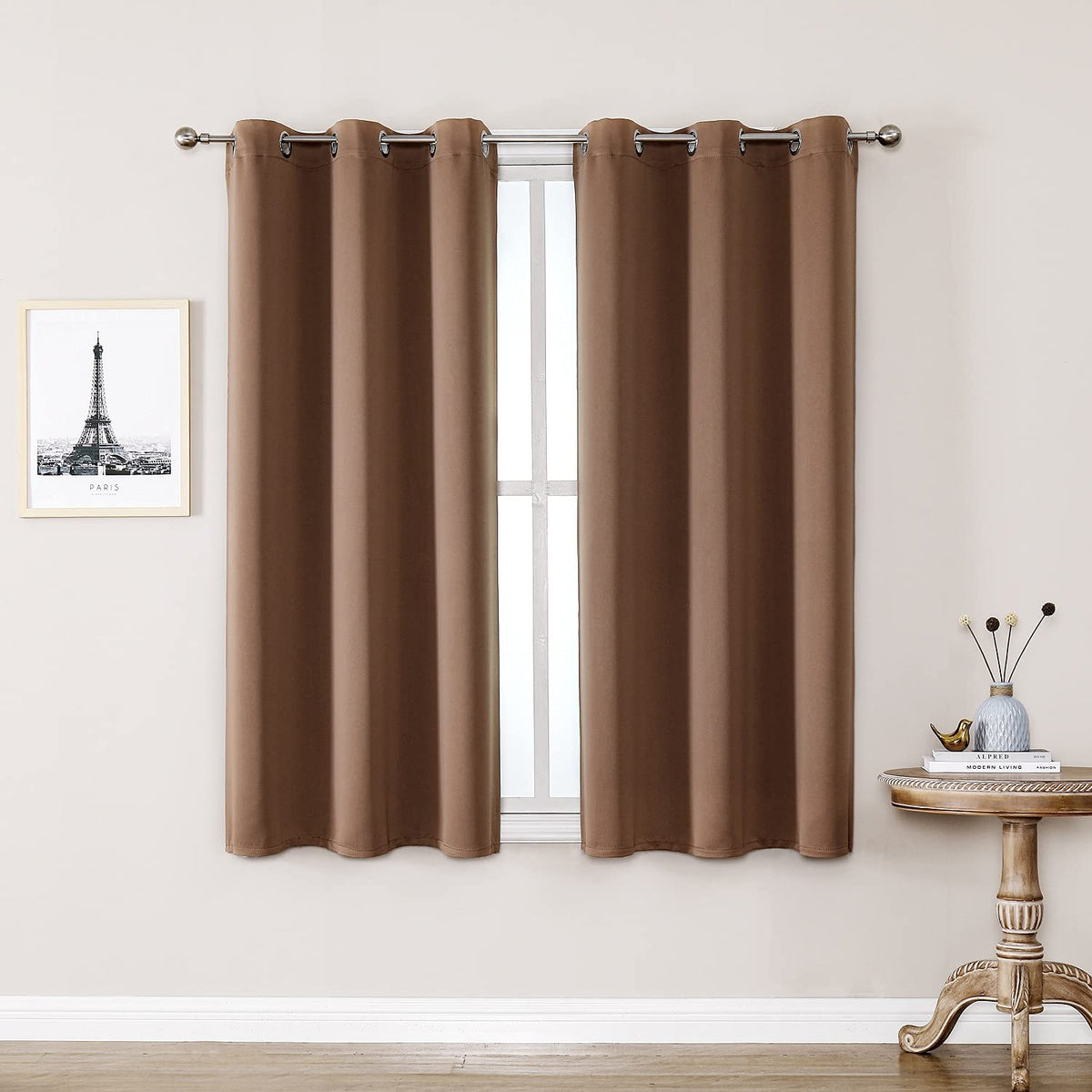ChrisDowa cappuccino grommet curtains provide privacy and soft light control for the living room.